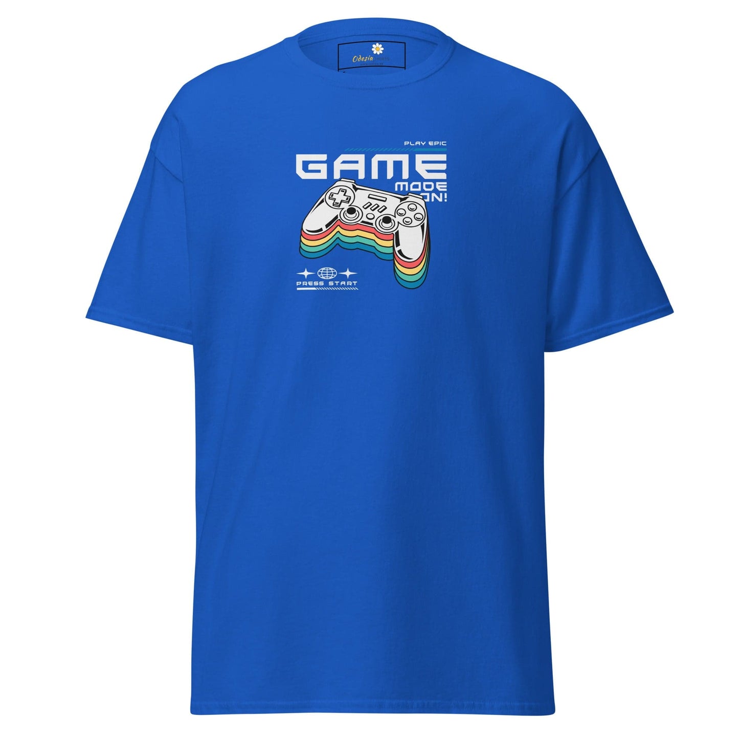 Blue T-shirt featuring a gaming controller graphic for men and women in sizes S to XL