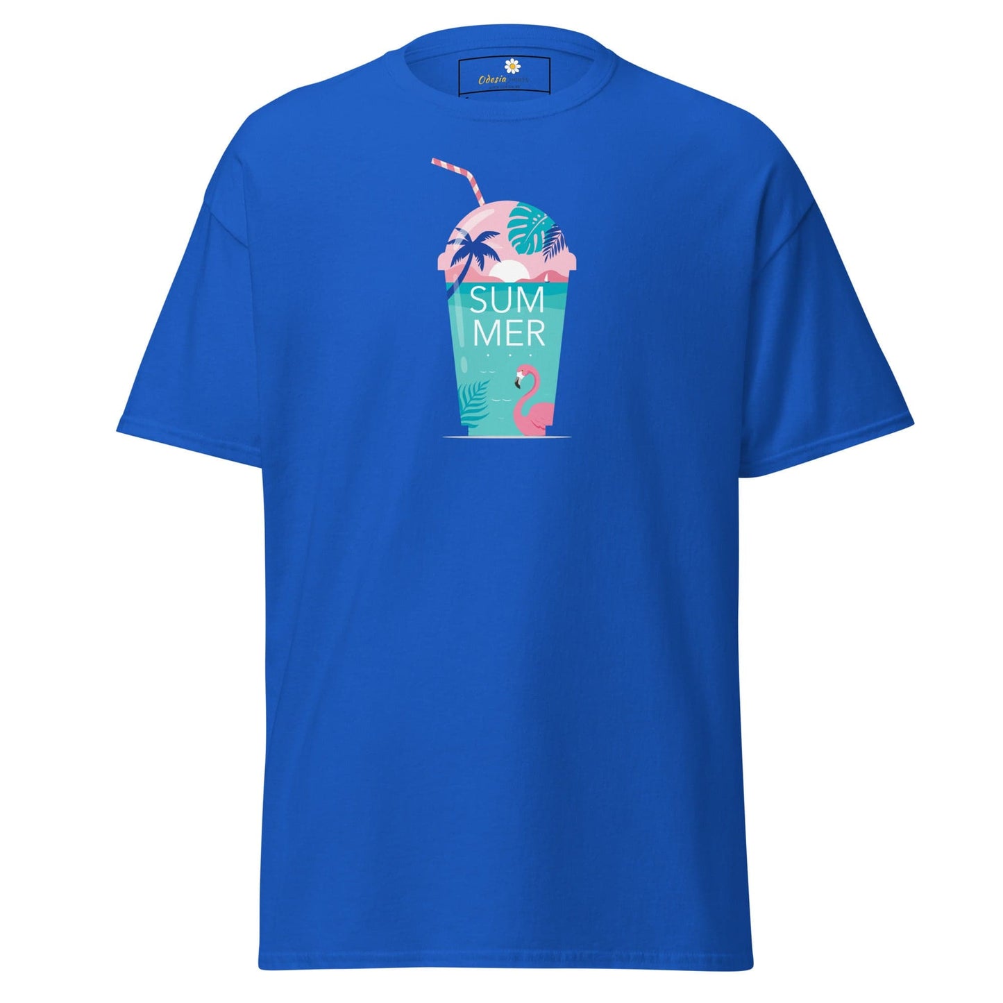 Blue T-shirt with summer drink graphic for men and women in sizes S to XL
