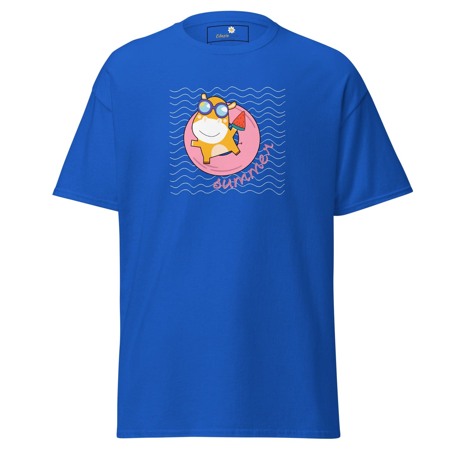 Blue T-shirt with summer graphic, suitable for men and women from S to XL size