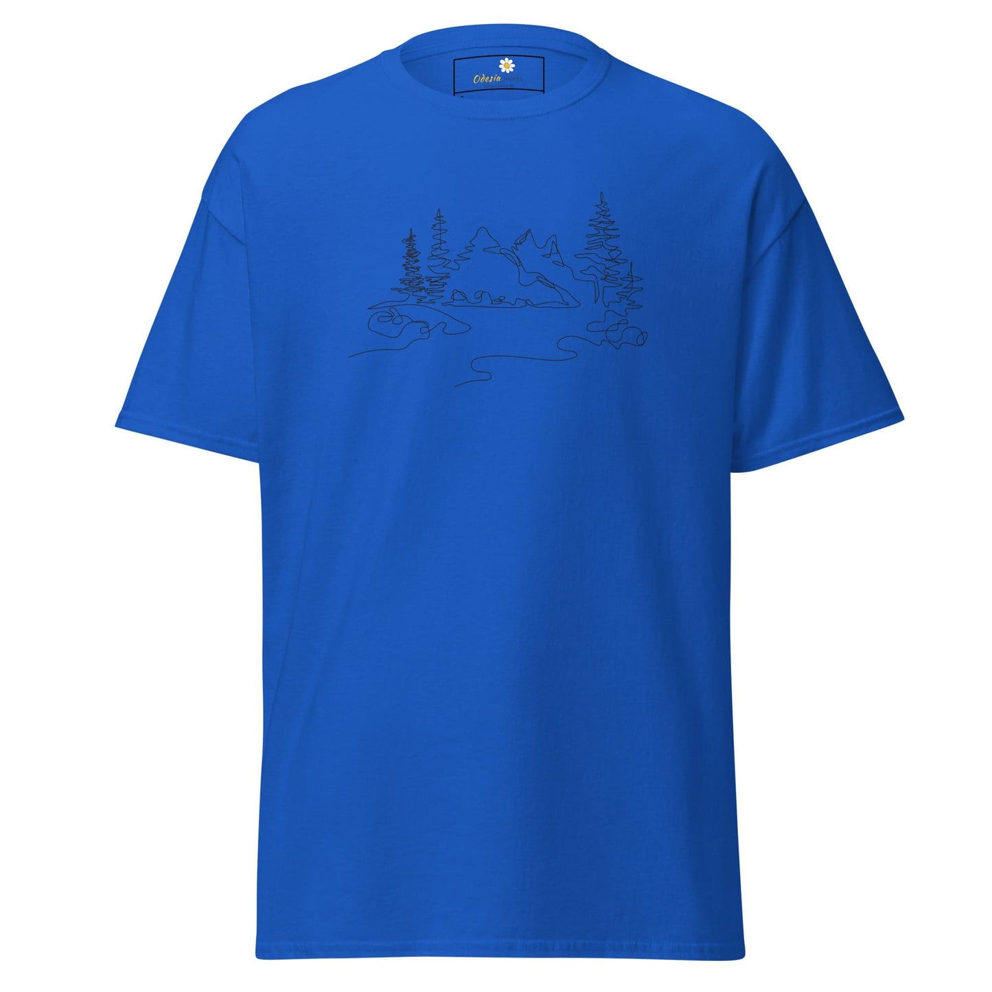 Blue T-shirt with mountain scene design for men and women available in sizes S to XL