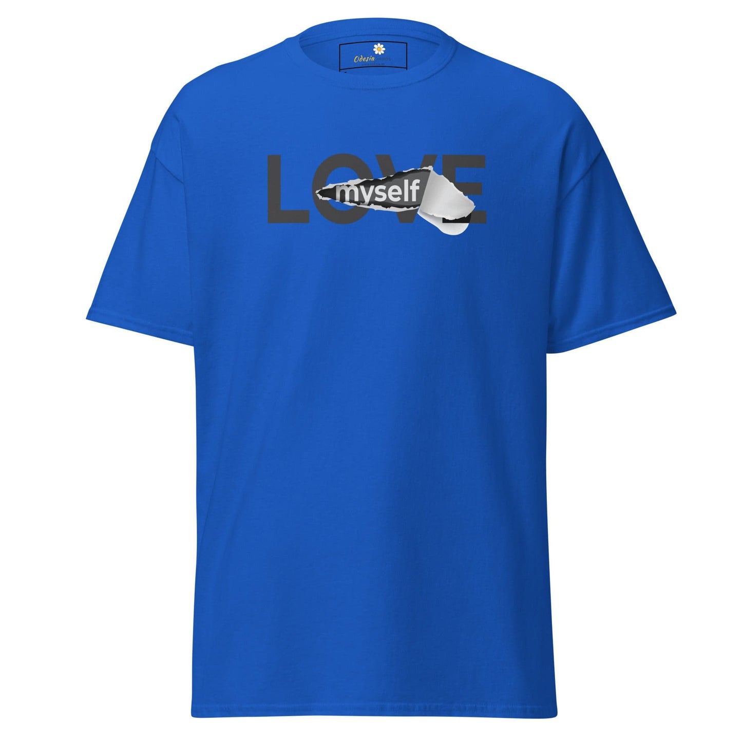 Blue T-shirt with Love Myself graphic displayed in T-SHIRT DESIGN TEE for man and woman