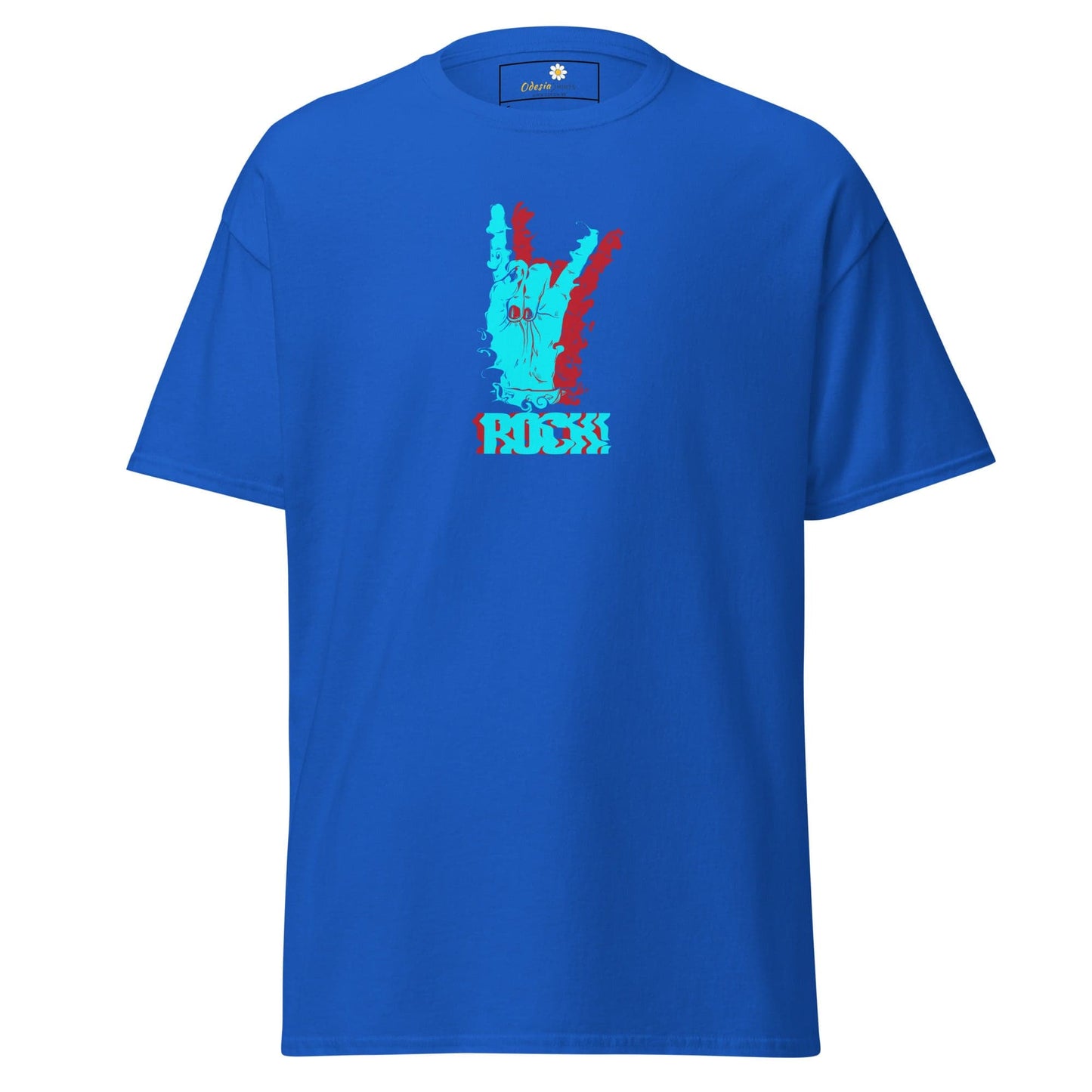 Blue T-shirt with rock hand graphic, available in S to XL sizes for men and women