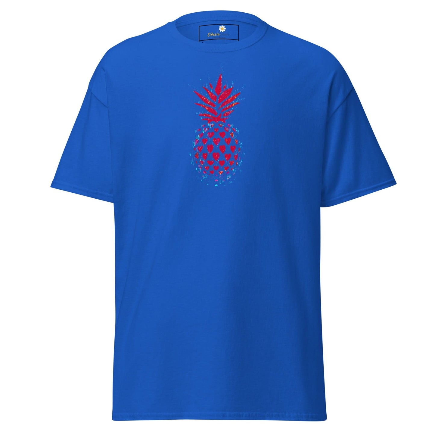 Blue T-shirt with red pineapple design for men and women in size S to XL