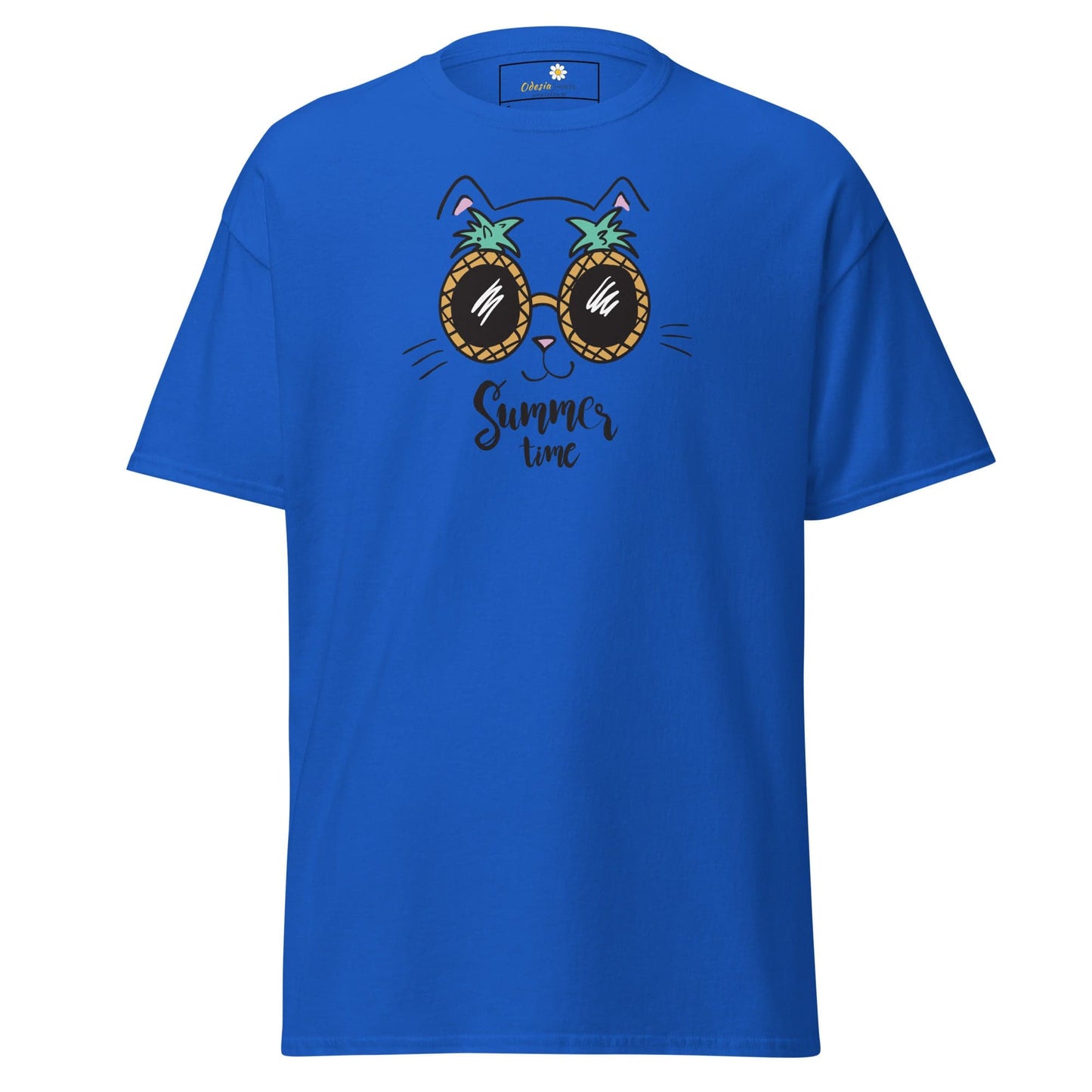 Blue t-shirt featuring a cat wearing pineapple sunglasses for men and women sizes S to XL