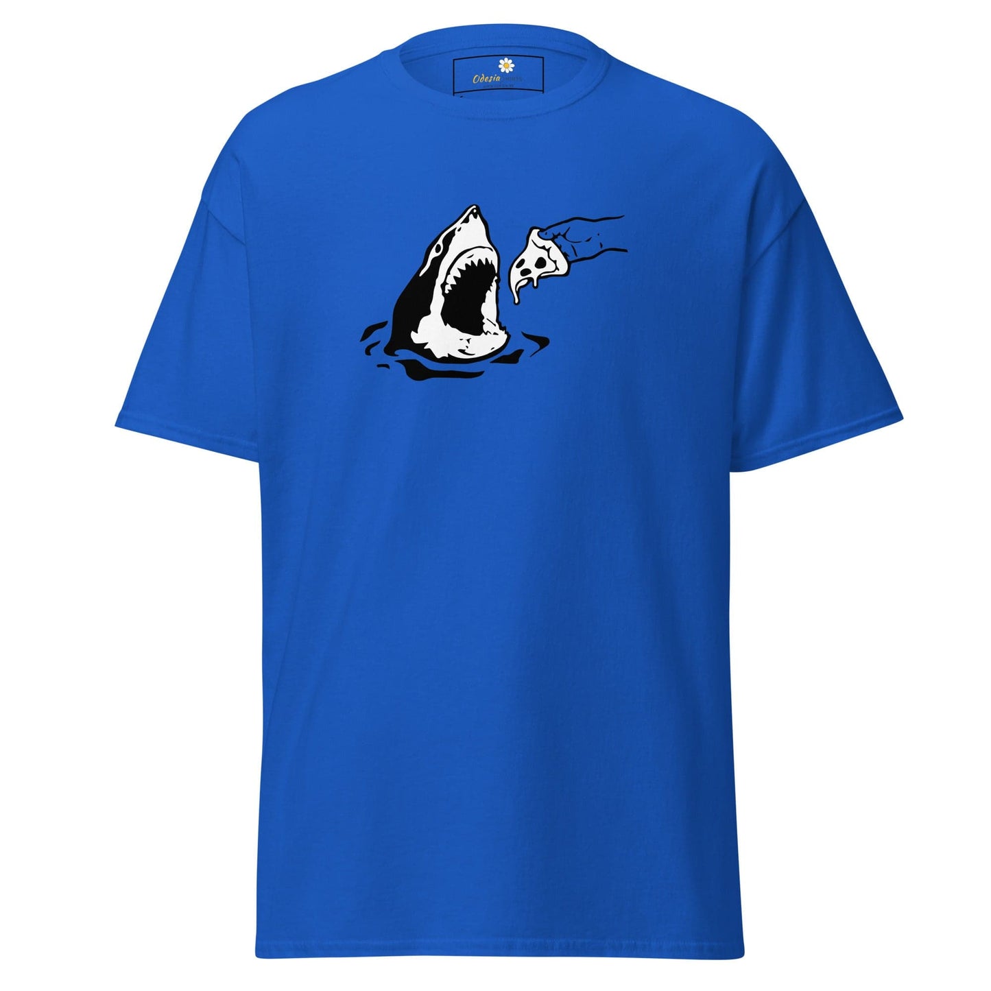 Blue T-shirt with shark and pizza graphic for Men and Women in sizes S to XL