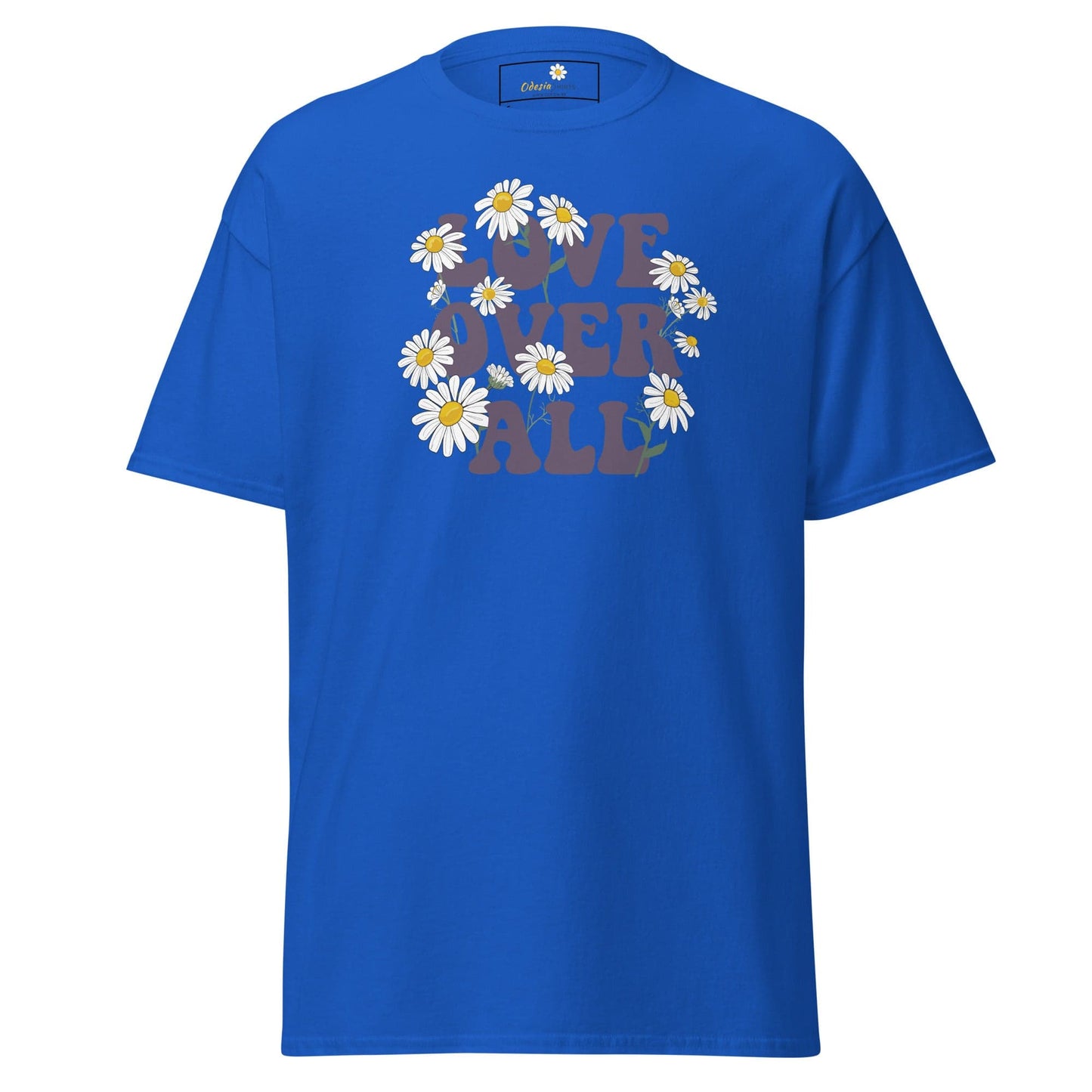 Blue T-shirt with floral Love Over All design, available in S to XL for men and women
