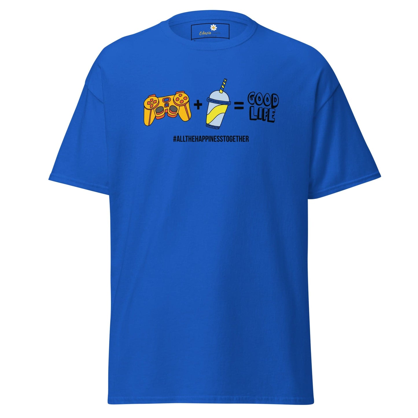 Blue T-shirt with gaming and beverage graphic for men and women in sizes S to XL