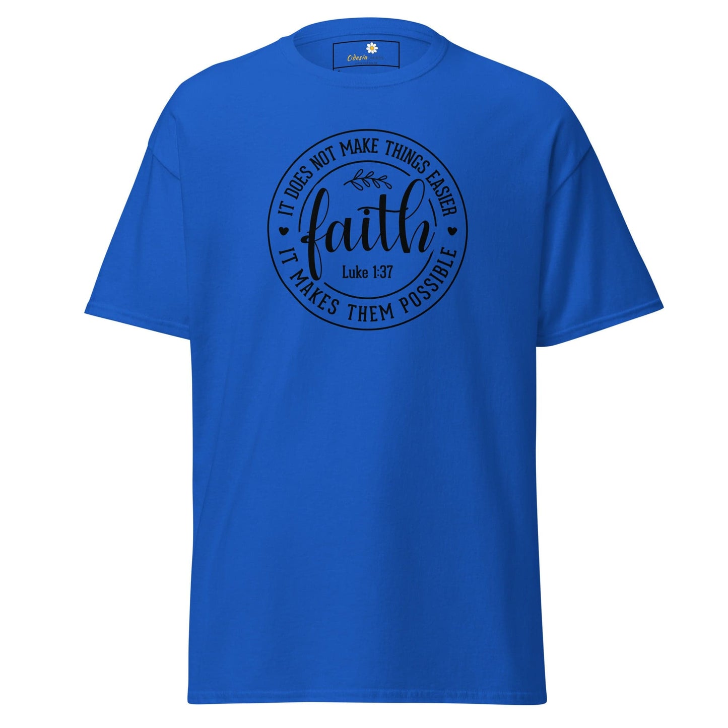 Blue T-shirt with faith graphic for men and women in size S to XL