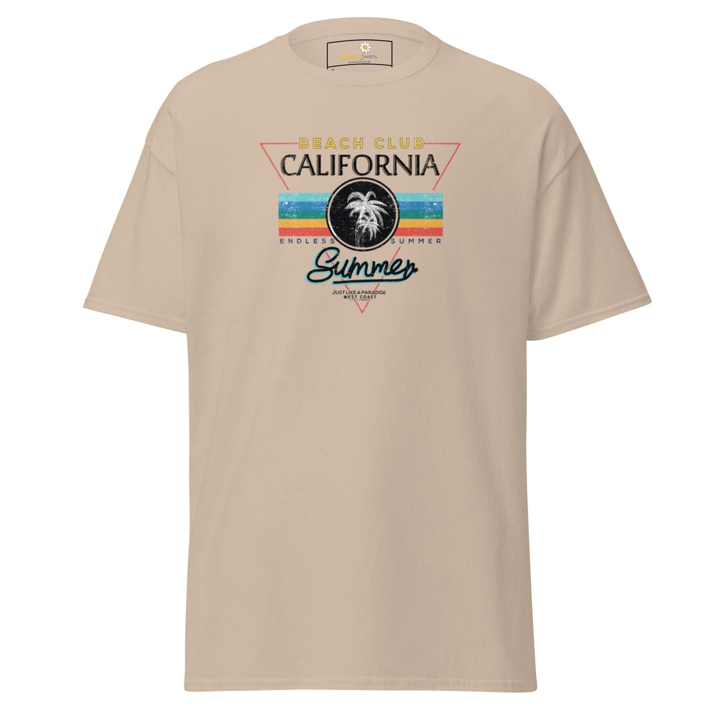 Beige T-shirt featuring California Beach Club graphic for men and women sizes S to XL