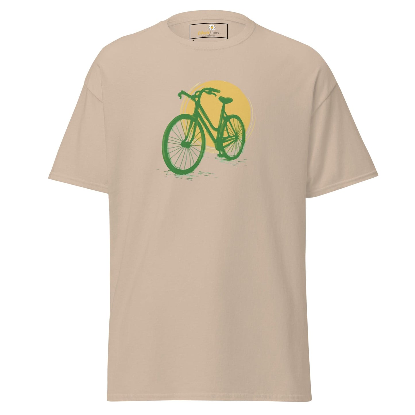 Beige T-shirt with green bicycle graphic for Men and Women in sizes S to XL