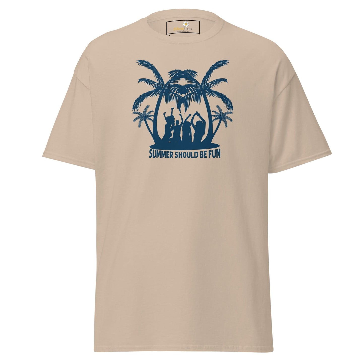 Beige summer-themed graphic T-shirt for men and women in sizes S to XL