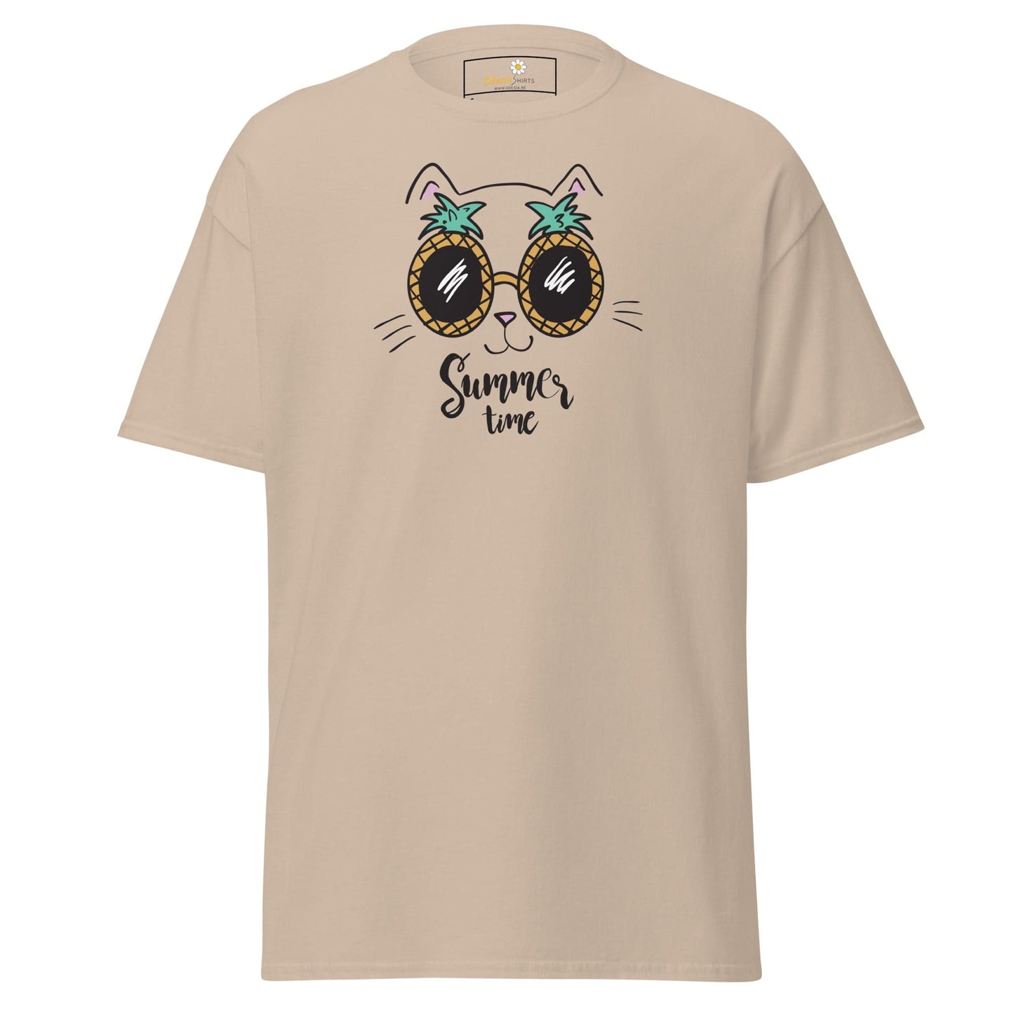 Beige T-shirt featuring a cat wearing pineapple sunglasses, suitable for men and women