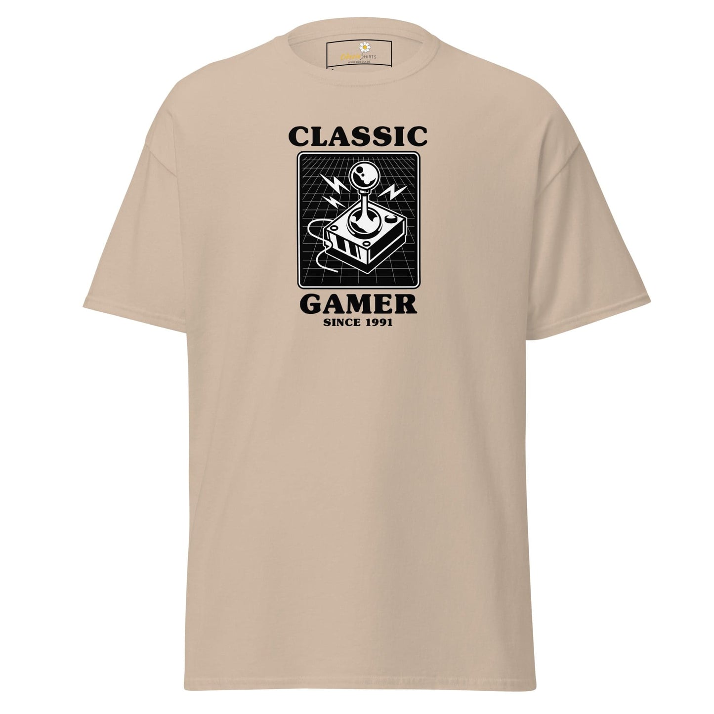 Beige T-shirt with Classic Gamer Since 1991 graphic for Men and Women in size S to XL