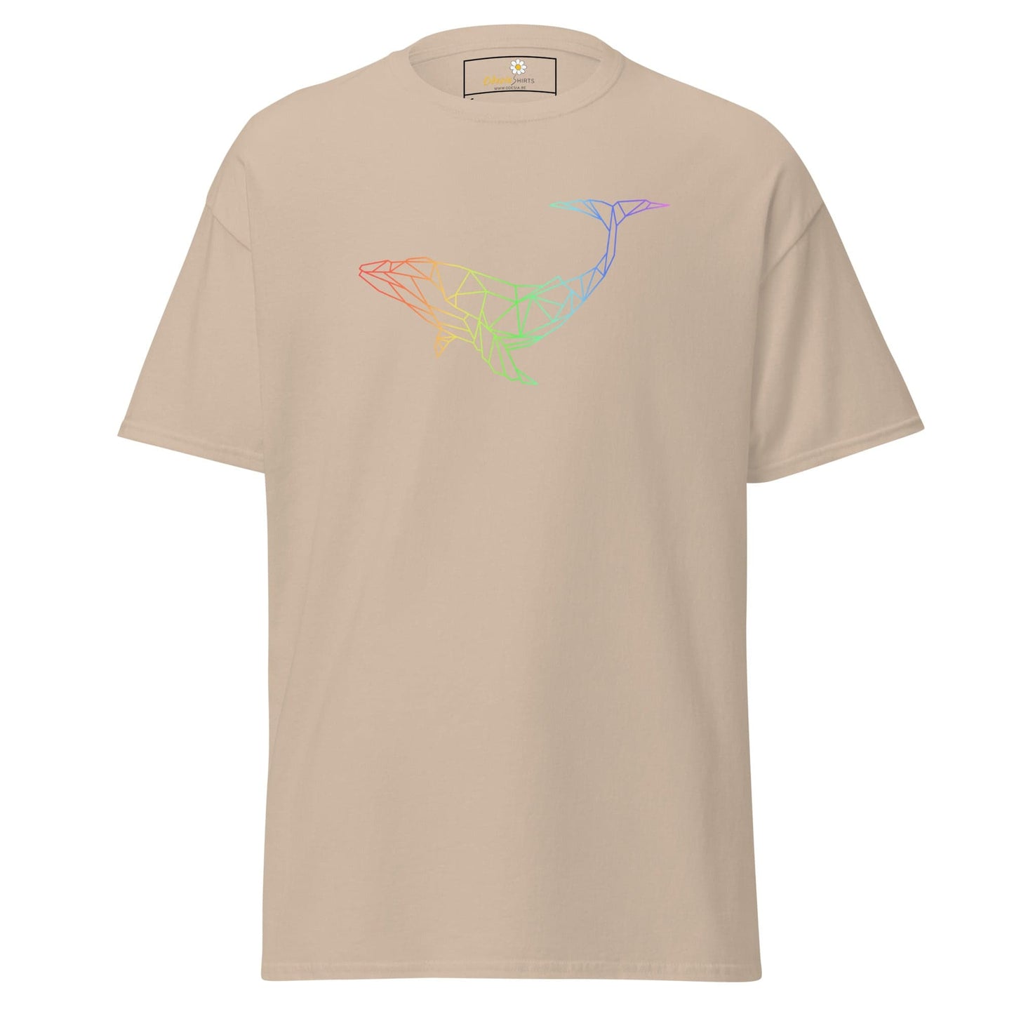 Beige T-shirt with rainbow whale design for men and women available in sizes S to XL