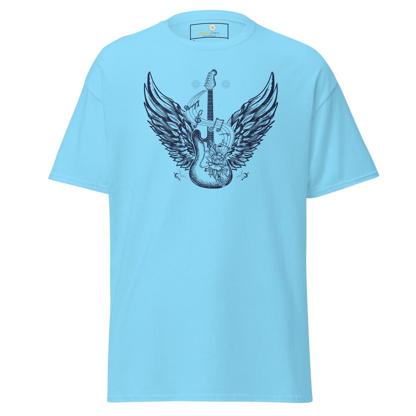 Light blue T-shirt with guitar and wings graphic for men and women in S to XL sizes