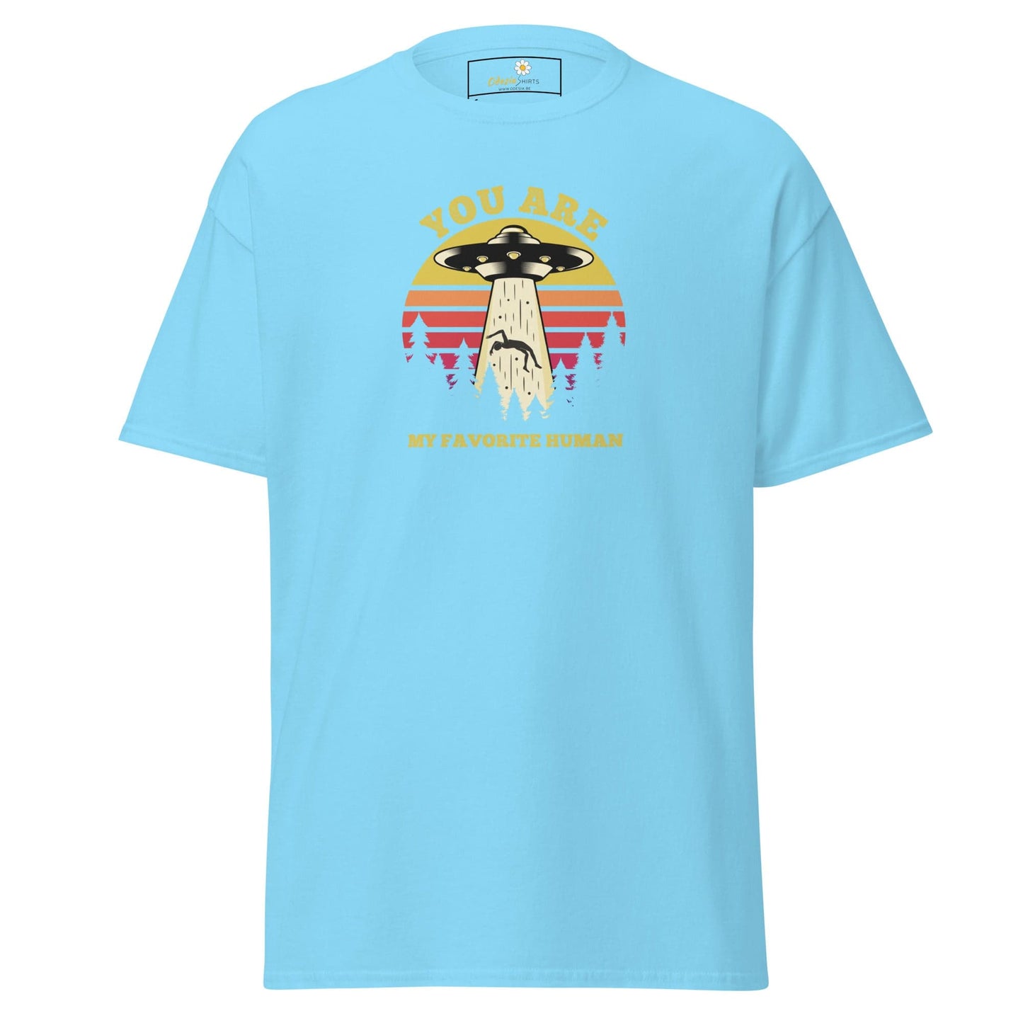 Light blue T-shirt with alien abduction graphic for men and women from T-Shirt Design Tee