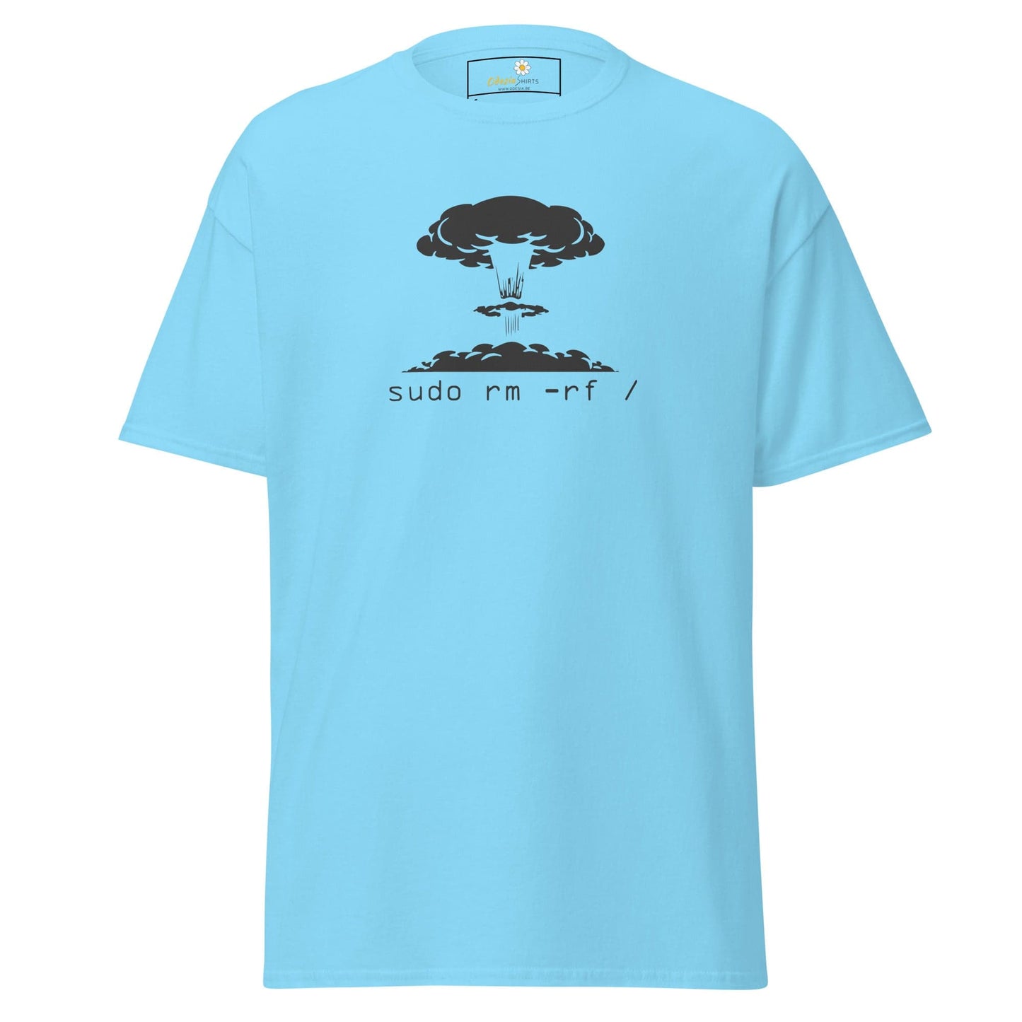 Light blue T-shirt with mushroom cloud graphic for men and women, available in S to XL