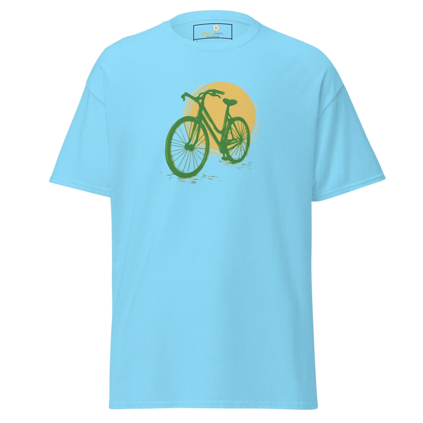 Light blue T-shirt featuring a bicycle graphic, available in S to XL sizes
