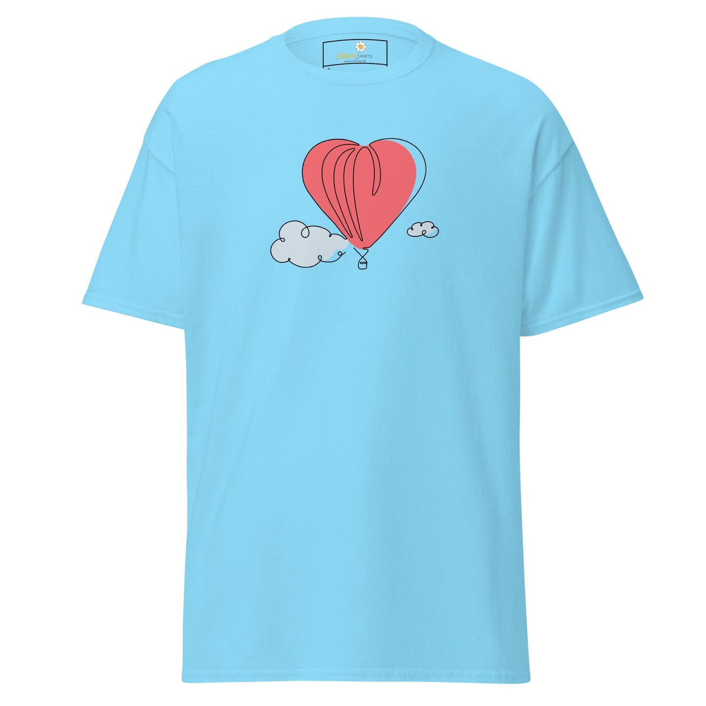 Light blue T-shirt with heart-shaped hot air balloon design for men and women