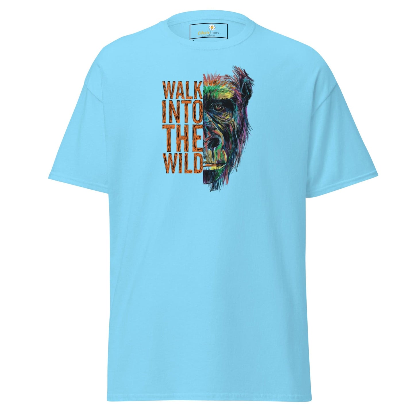 Light blue T-shirt featuring a gorilla graphic for men and women in S-XL sizes