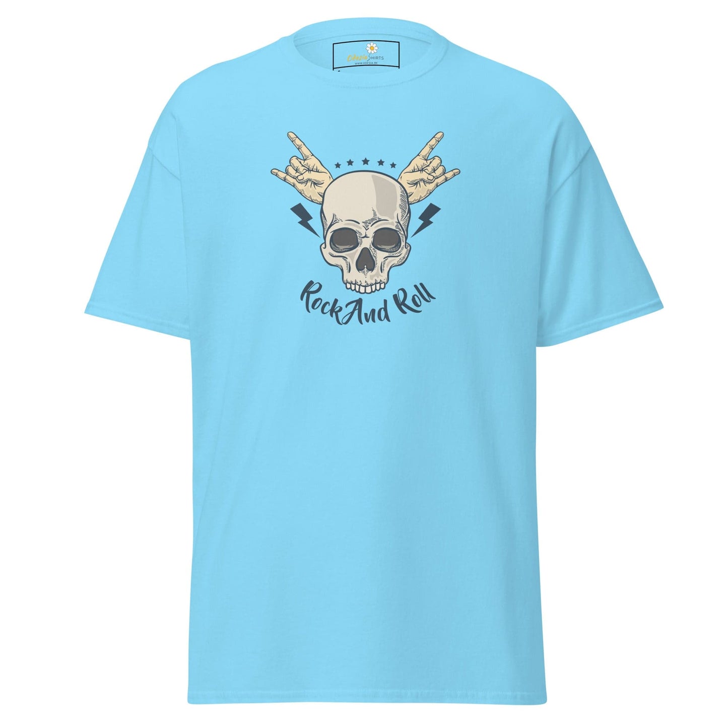 Light blue T-shirt featuring a skull graphic, suitable for men and women, available in sizes S to XL