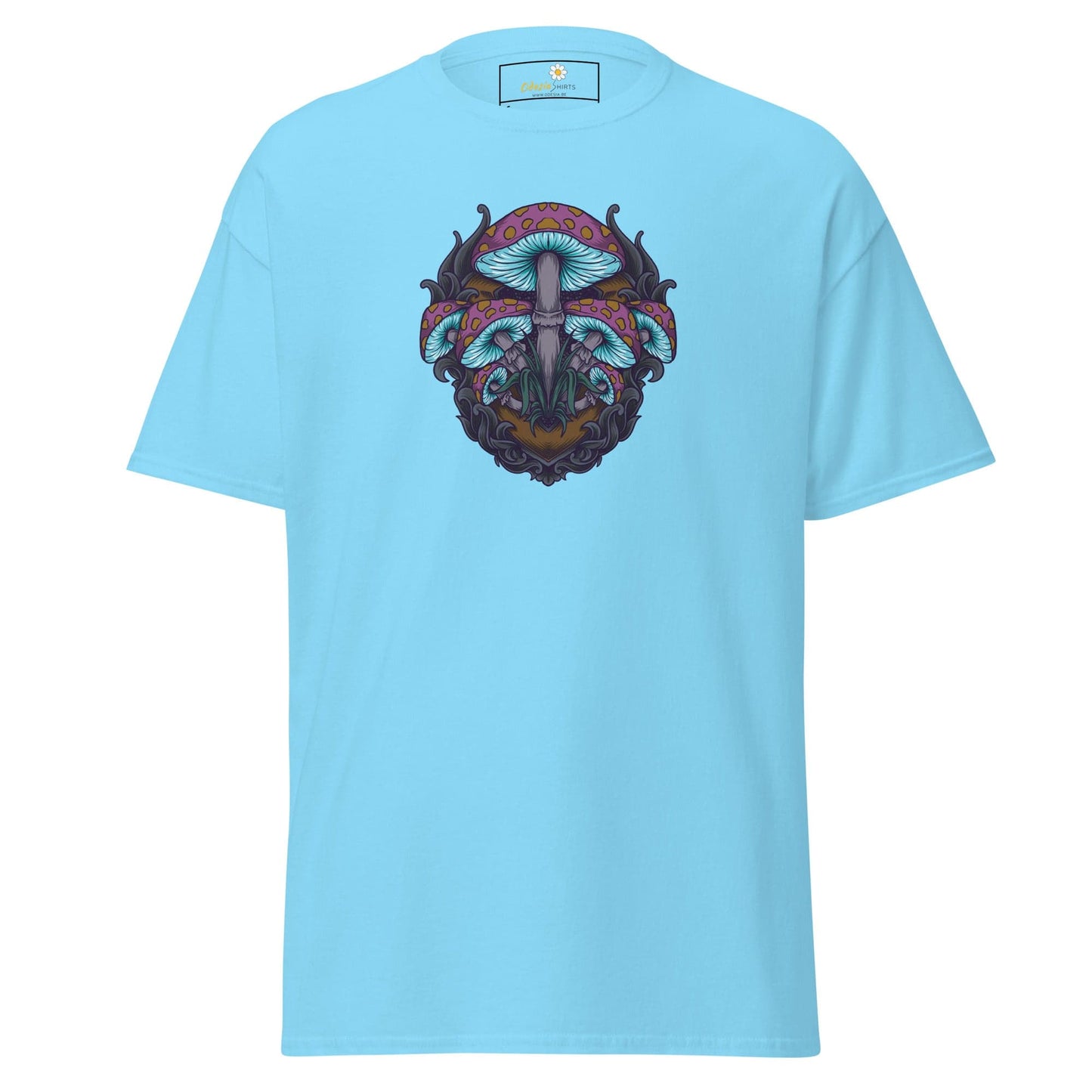 Light blue T-shirt with mushroom graphic for men and women in sizes S to XL