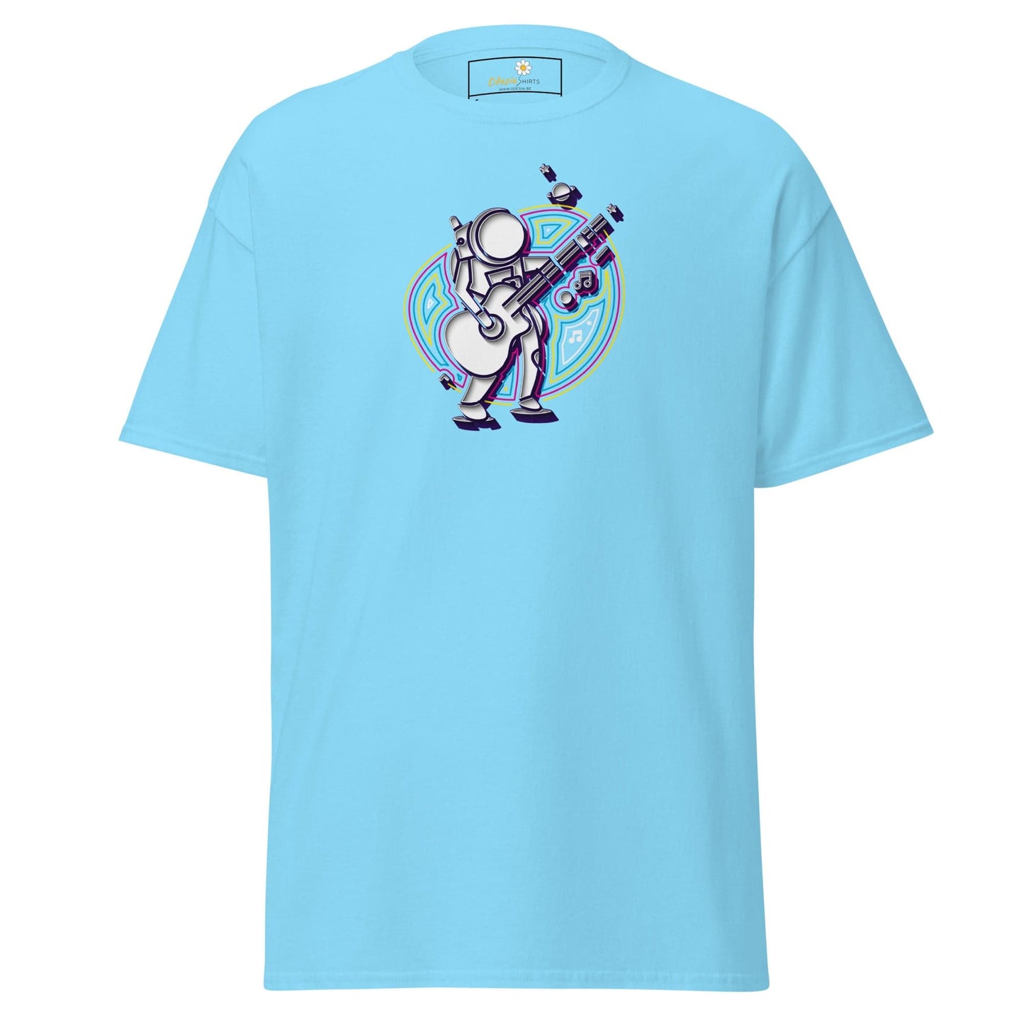 Light blue T-shirt featuring an astronaut graphic for men and women in S to XL sizes