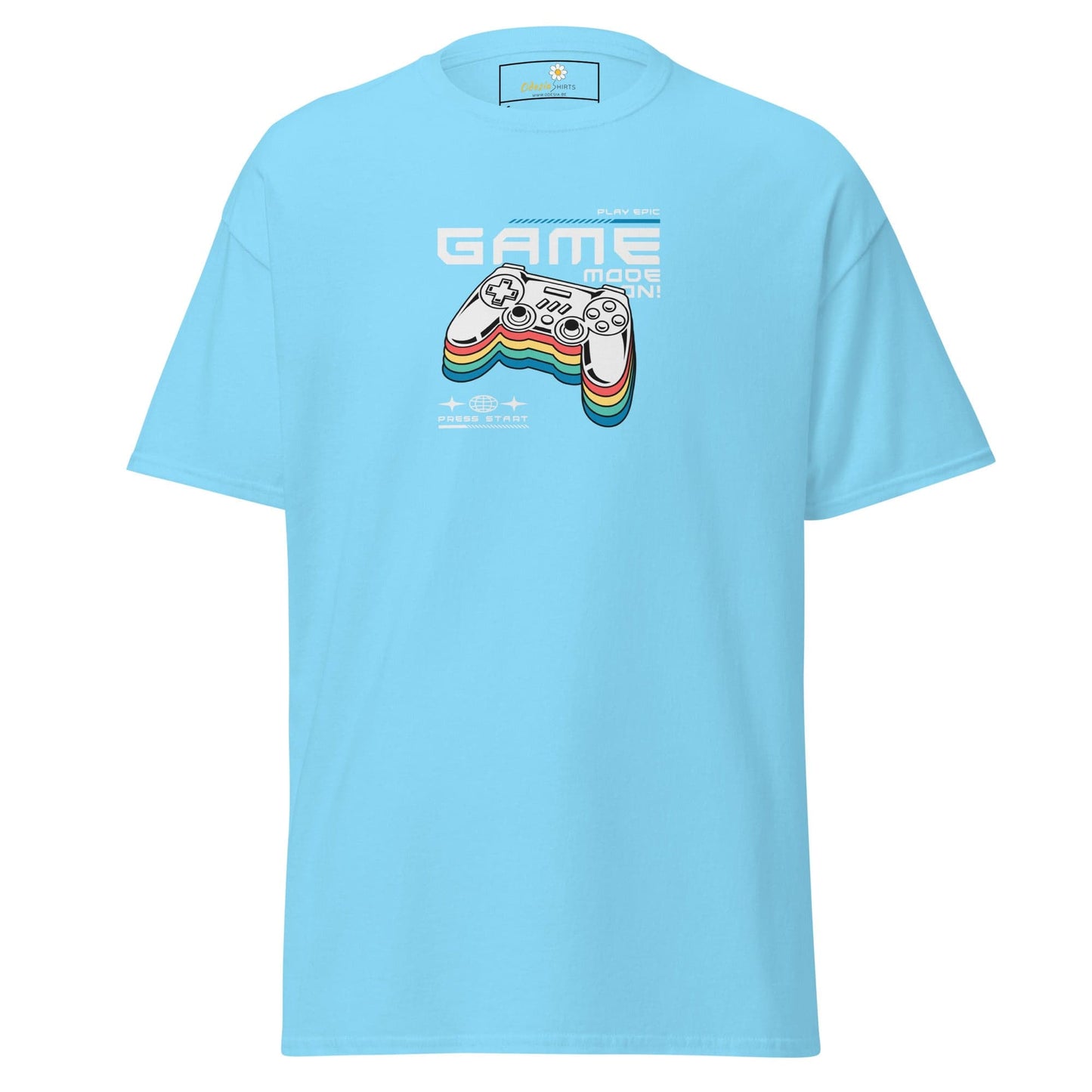 Light blue T-shirt with gaming controller graphic showcased in T-SHIRT DESIGN TEE for men and women
