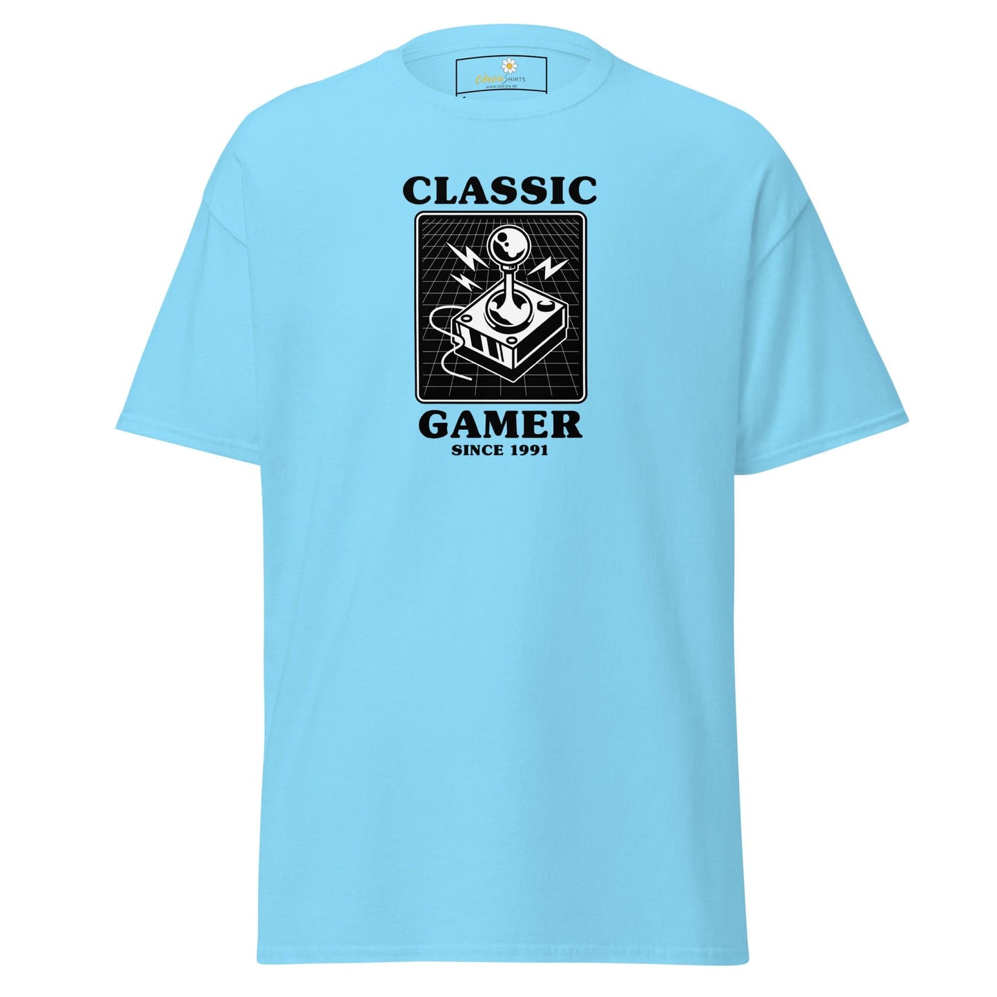 Light blue T-shirt with retro gaming design for men and women, available in sizes S to XL