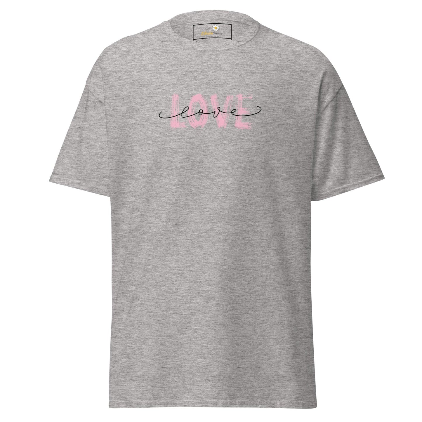 Gray T-shirt with love design for men and women in S to XL sizes