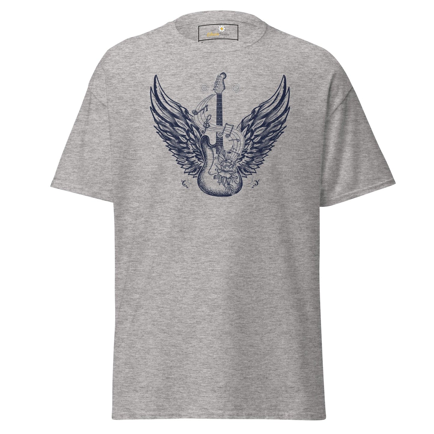 Gray T-shirt with guitar and wings design for men and women in sizes S to XL