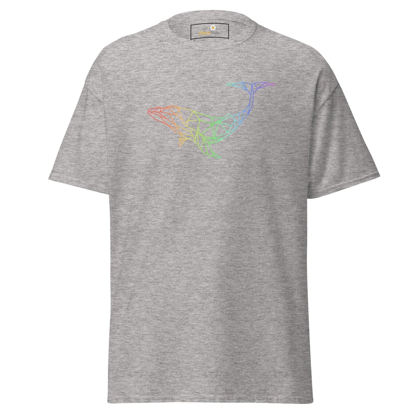 Gray T-shirt with colorful rainbow whale design for men and women in S to XL sizes