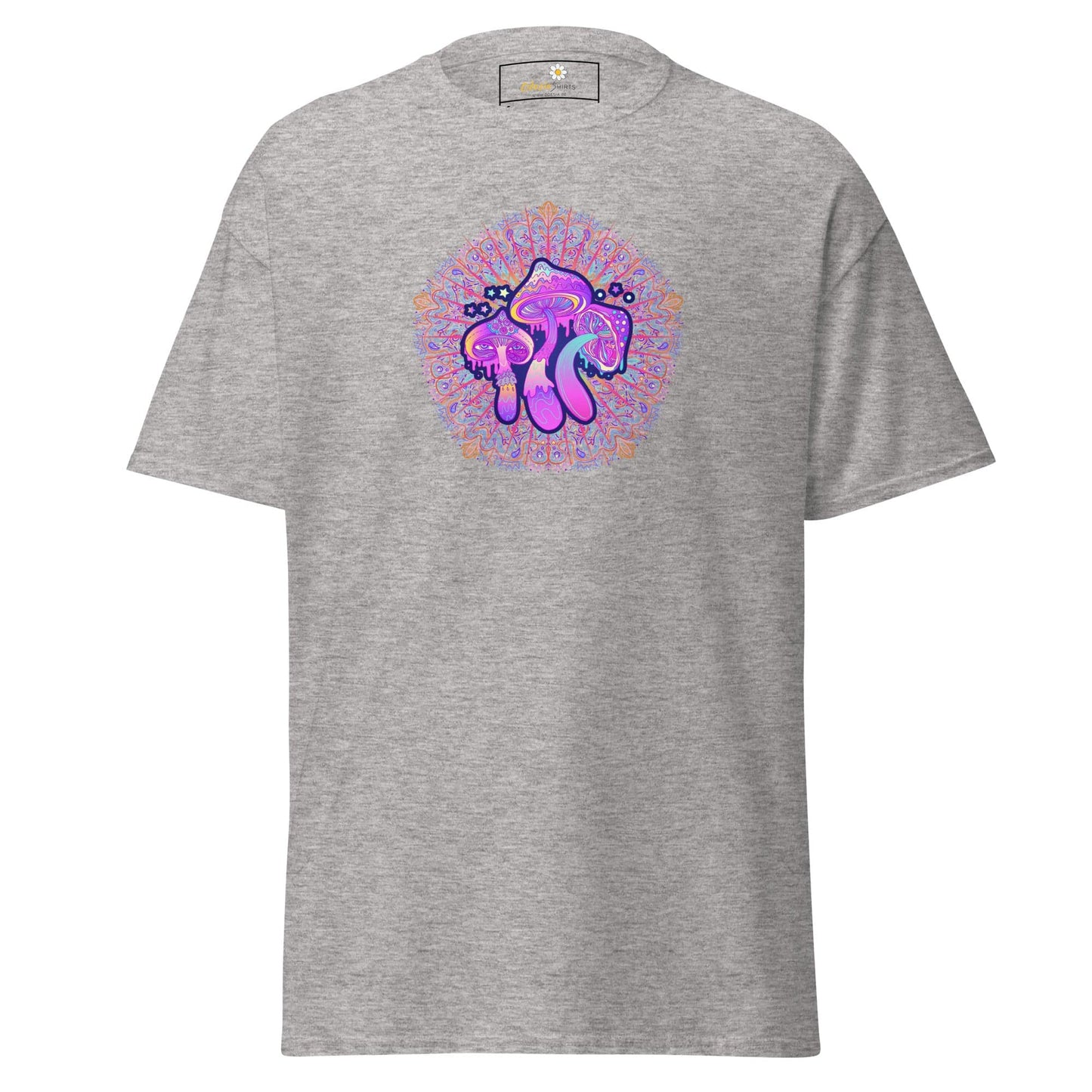 Gray T-shirt with mushroom design from T-Shirt Design Tee for Men and Women in sizes S to XL