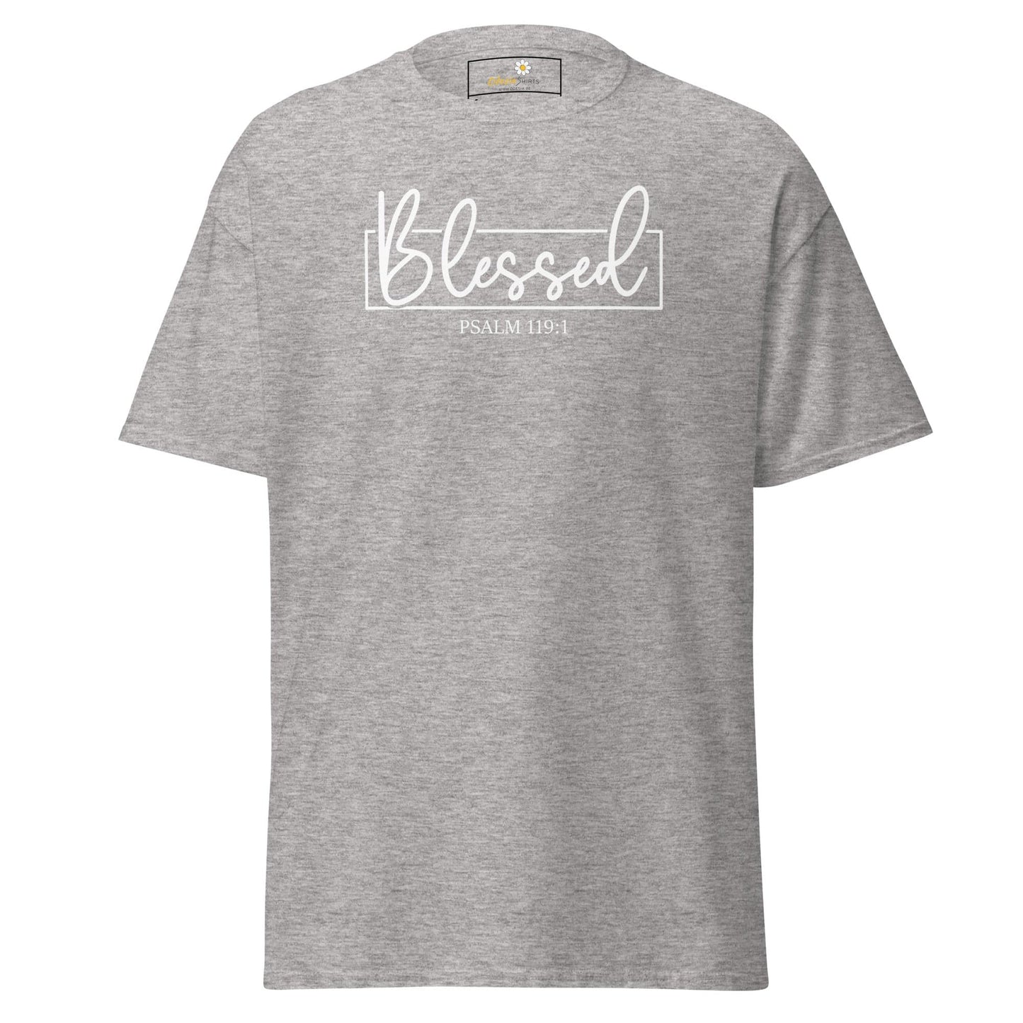 Gray T-shirt with Blessed graphic for men and women in S to XL sizes