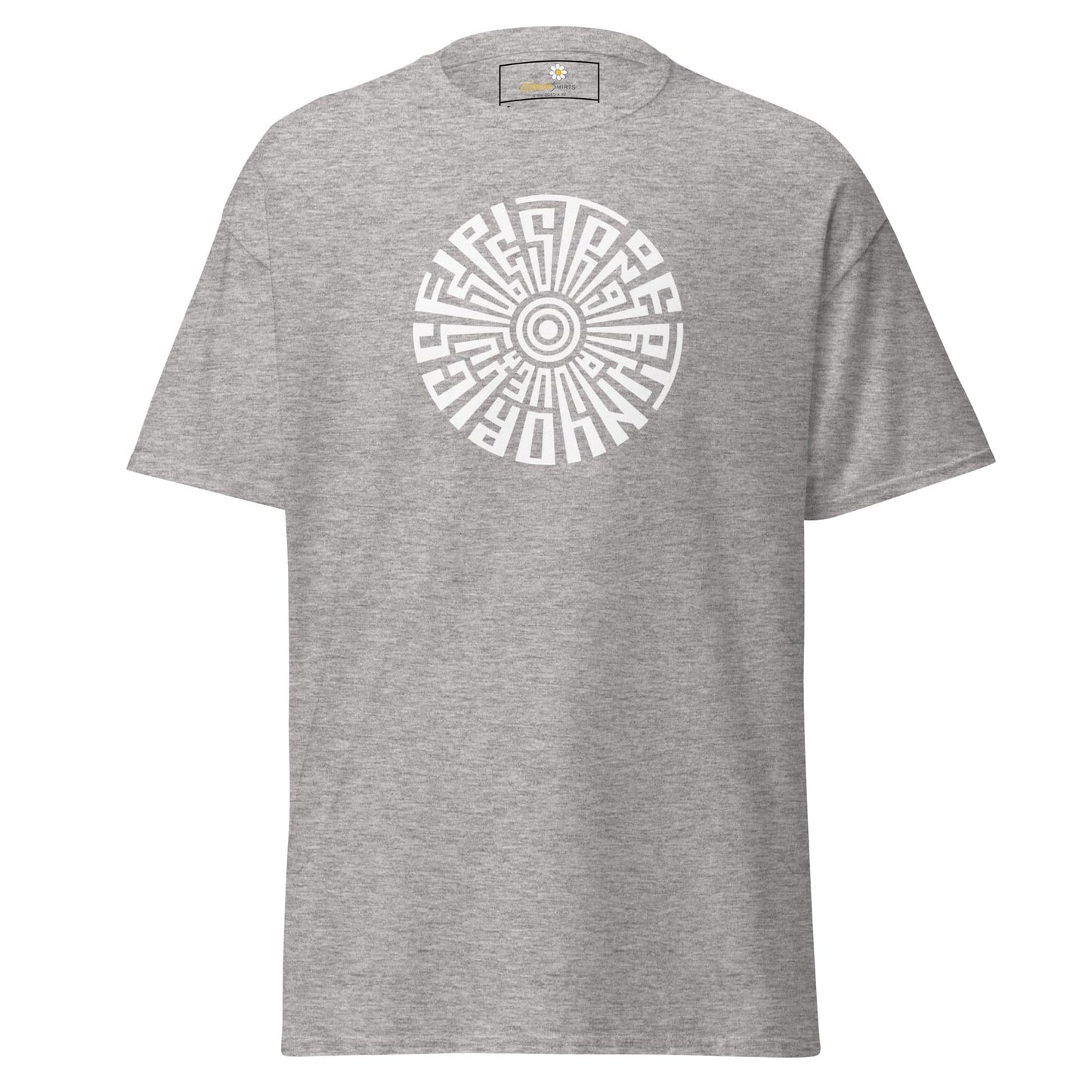 Gray T-shirt with circular design, suitable for Men and Women, available in sizes S to XL