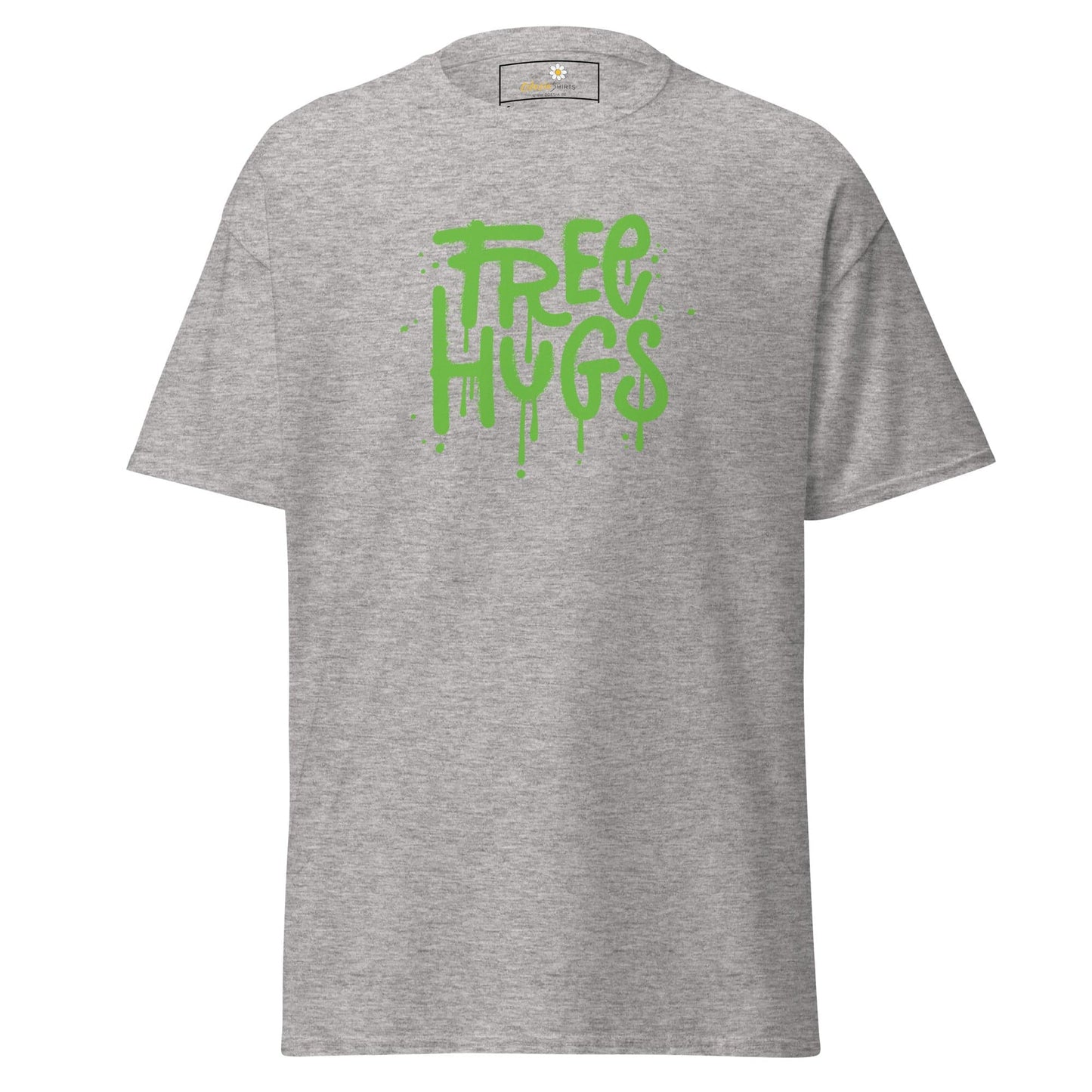 Gray T-shirt with green Free Hugs text from T-Shirt Design Tee for Men and Women