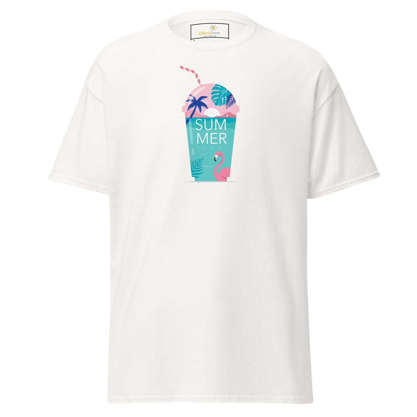 White T-shirt with summer drink graphic for men and women, available in sizes S to XL