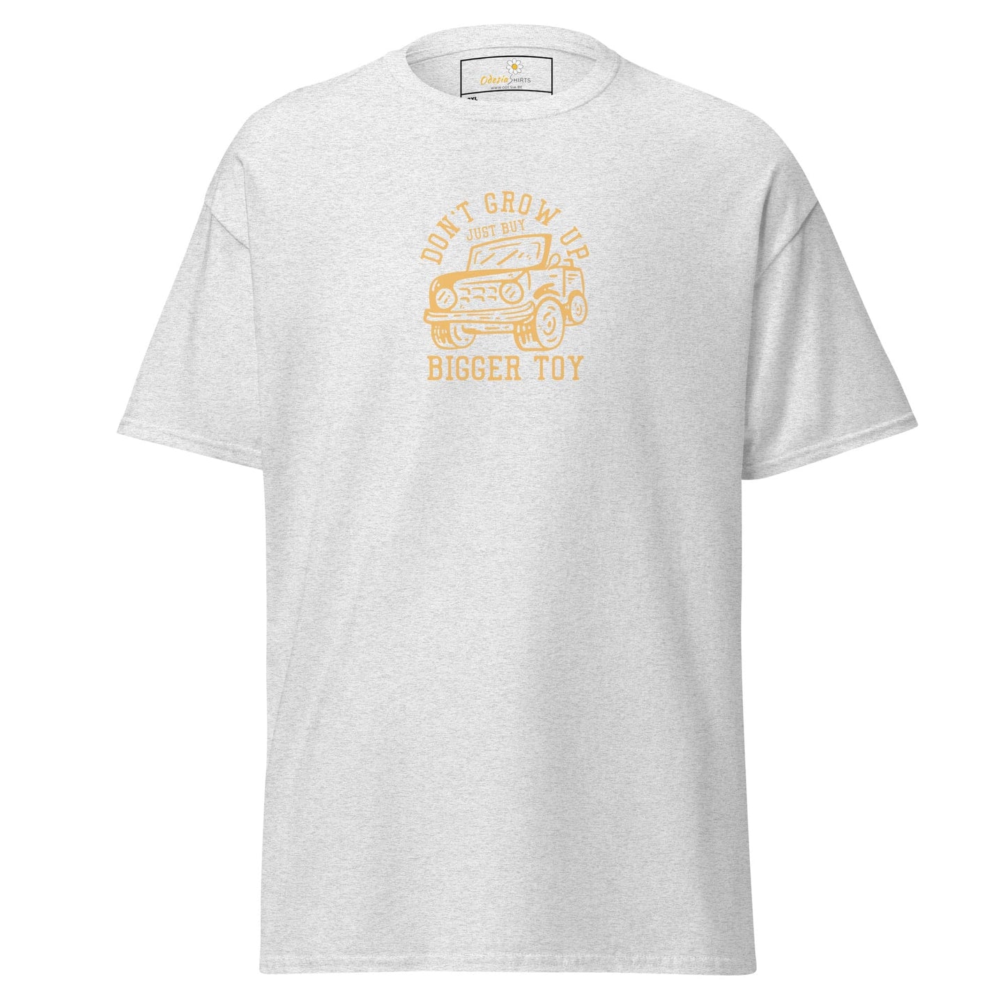 White t-shirt with car graphic.