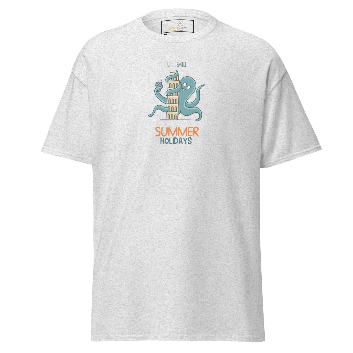 White t-shirt with octopus graphic.