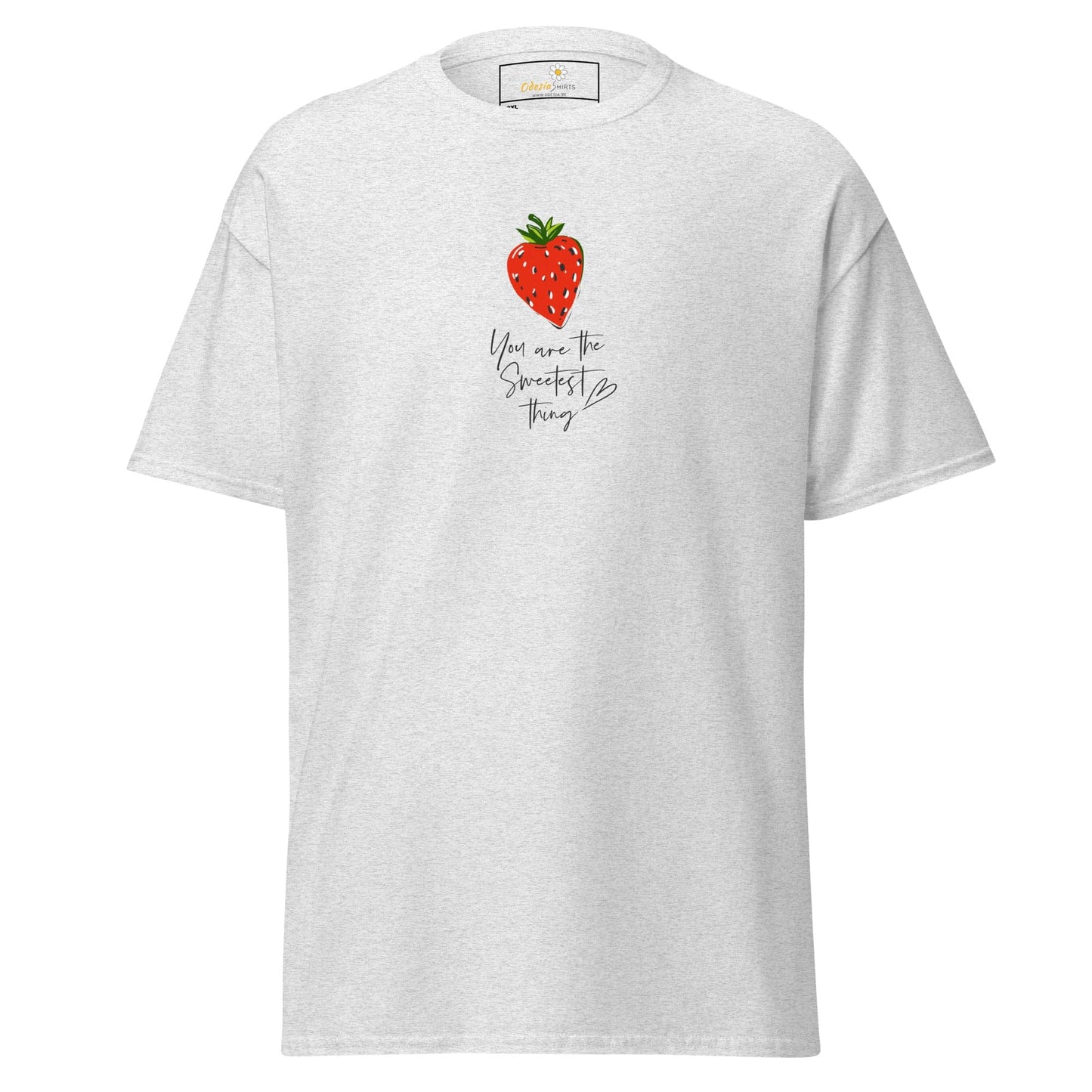 White t-shirt with strawberry graphic.