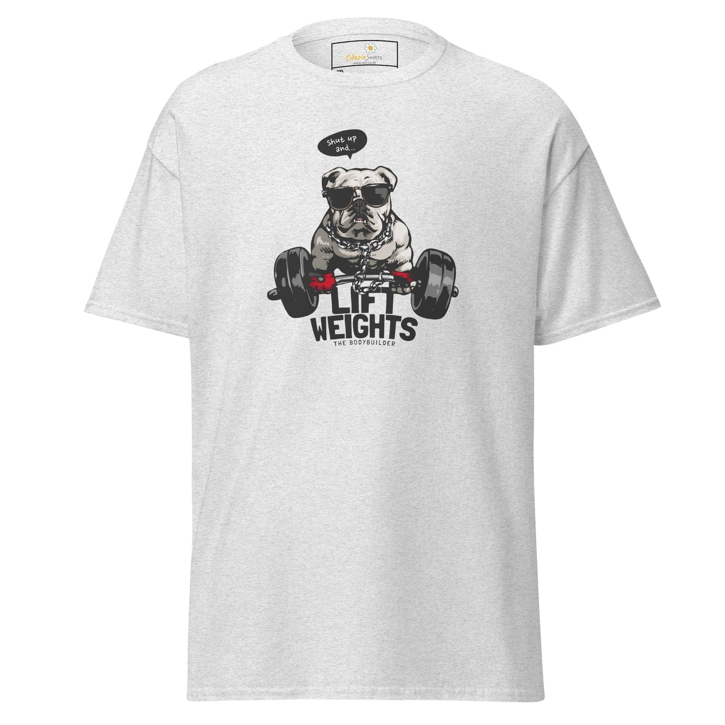White t-shirt with dog lifting weights graphic.