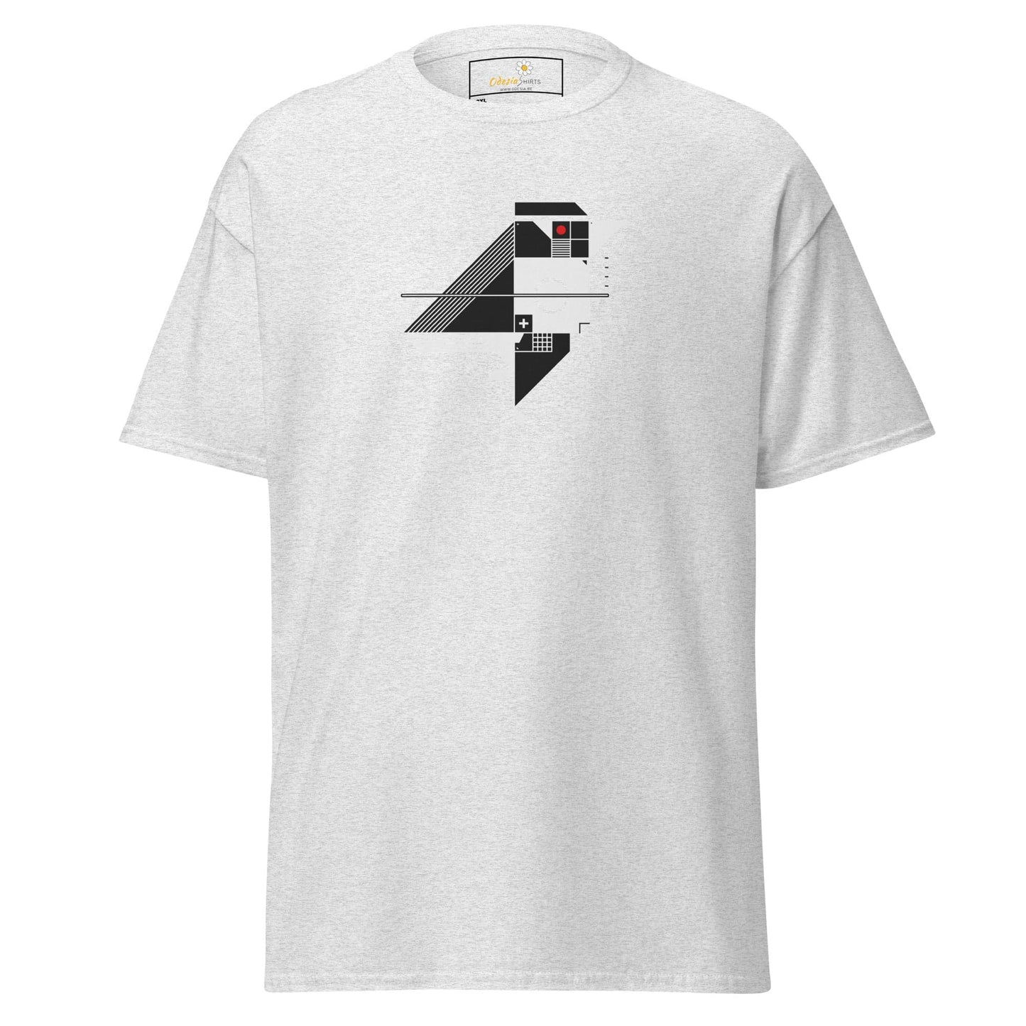 White t-shirt with geometric design.