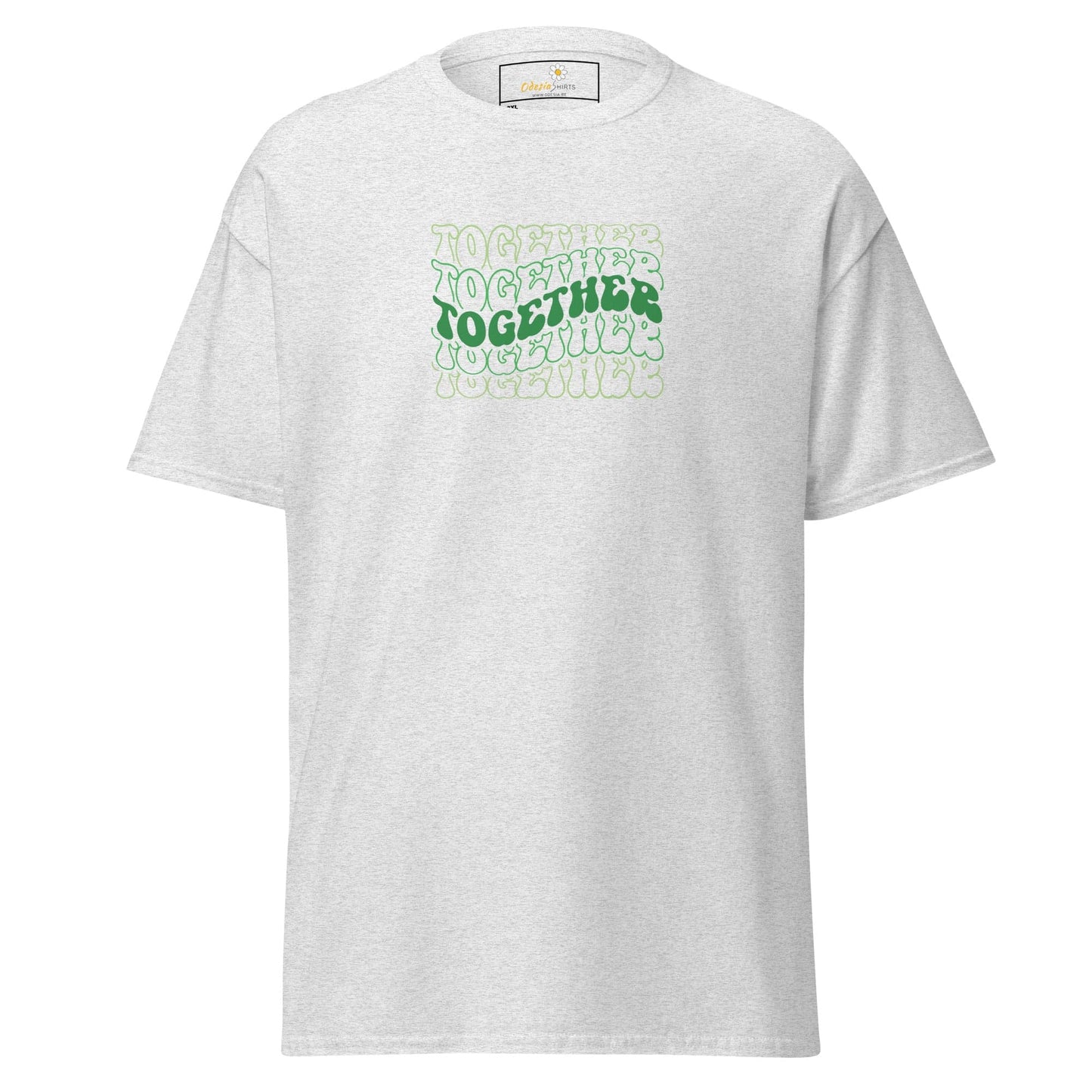White T-shirt with green Together text, designed for men and women in larger sizes