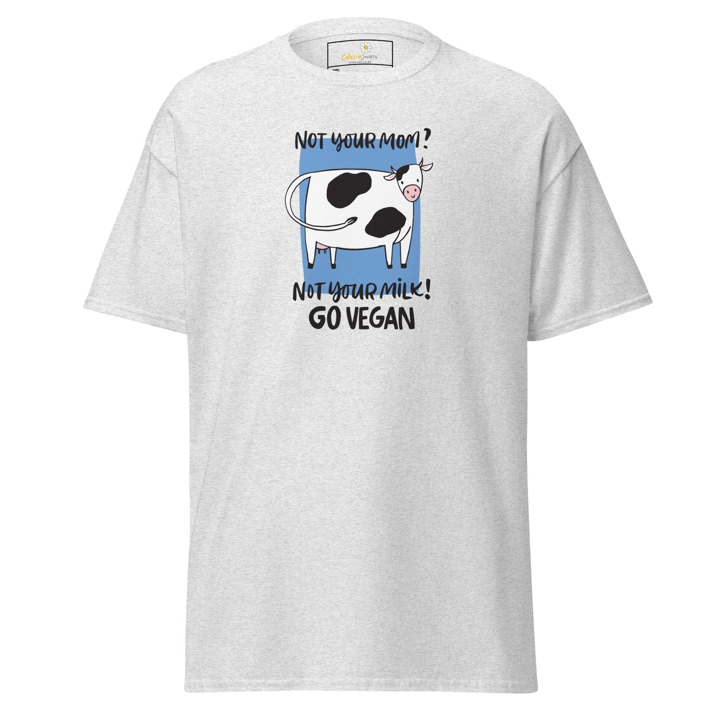 White t-shirt with cow graphic.