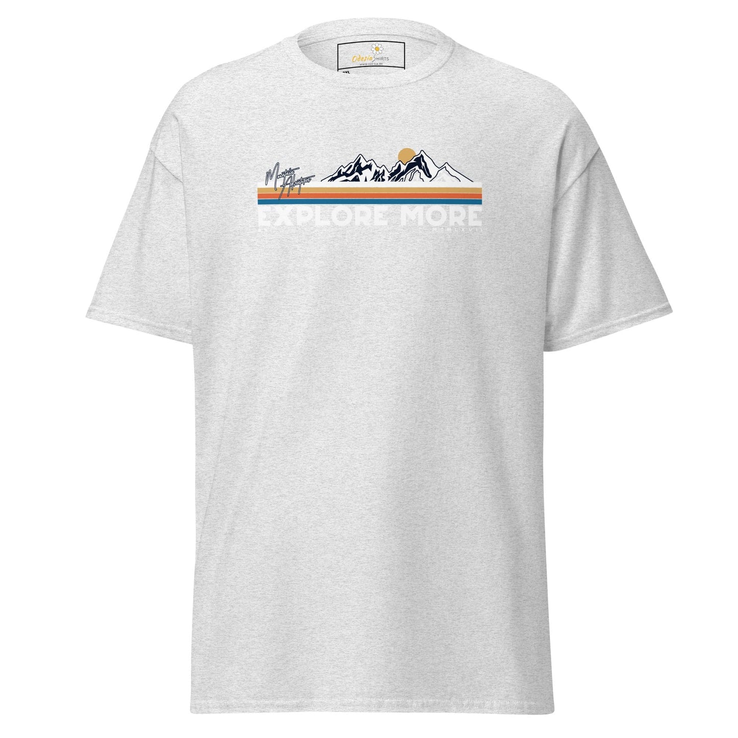 White t-shirt with mountain graphic.