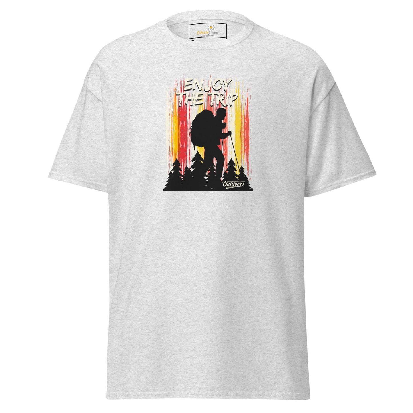 White t-shirt with hiker graphic.