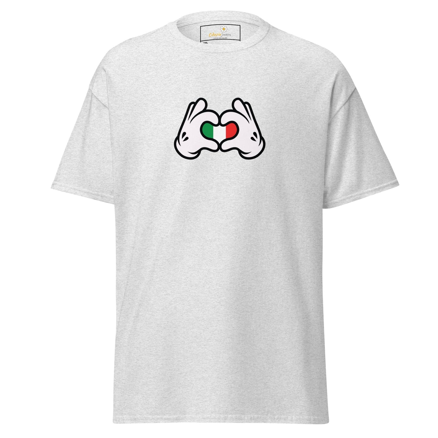 White t-shirt with heart-shaped hands design.