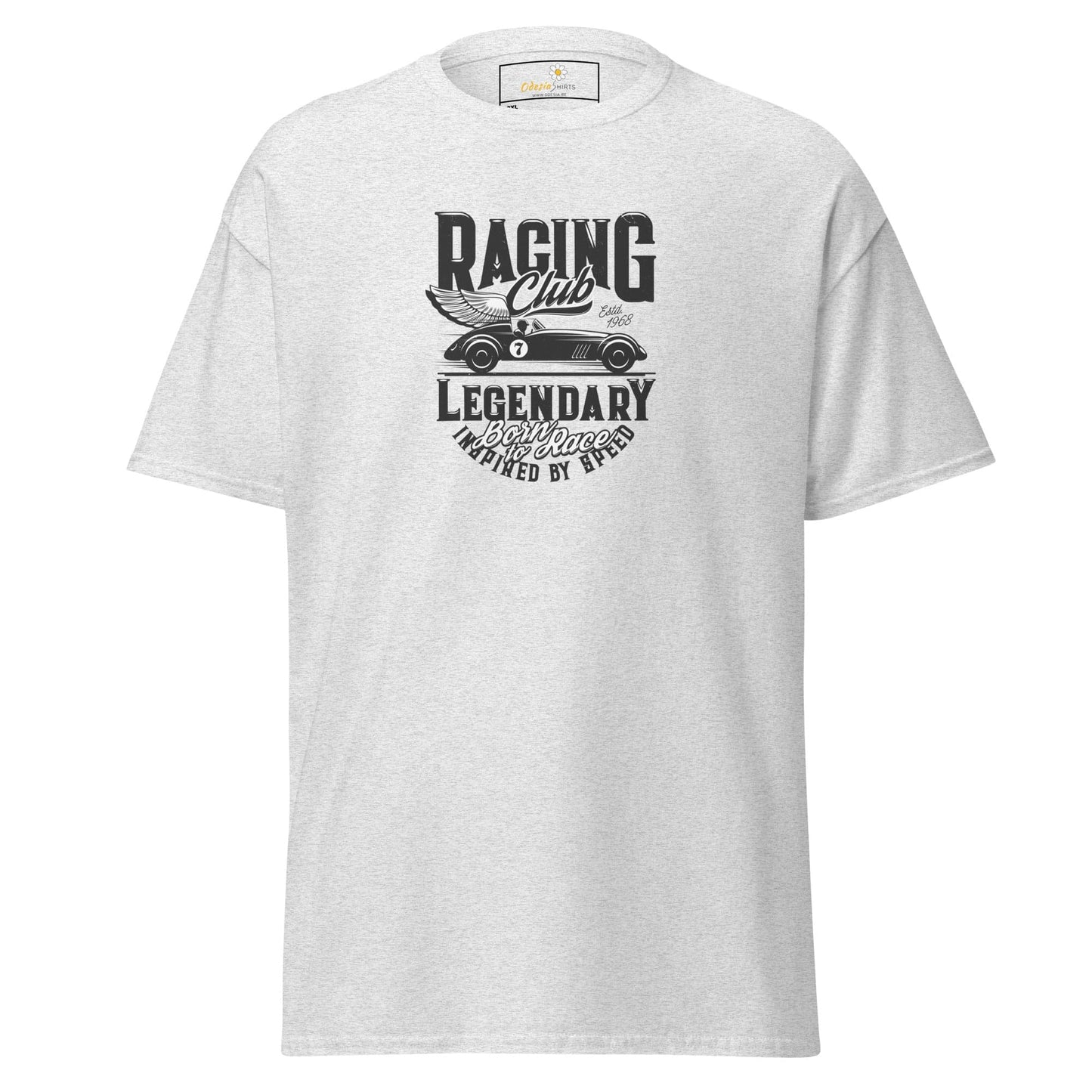 White t-shirt with racing car graphic.