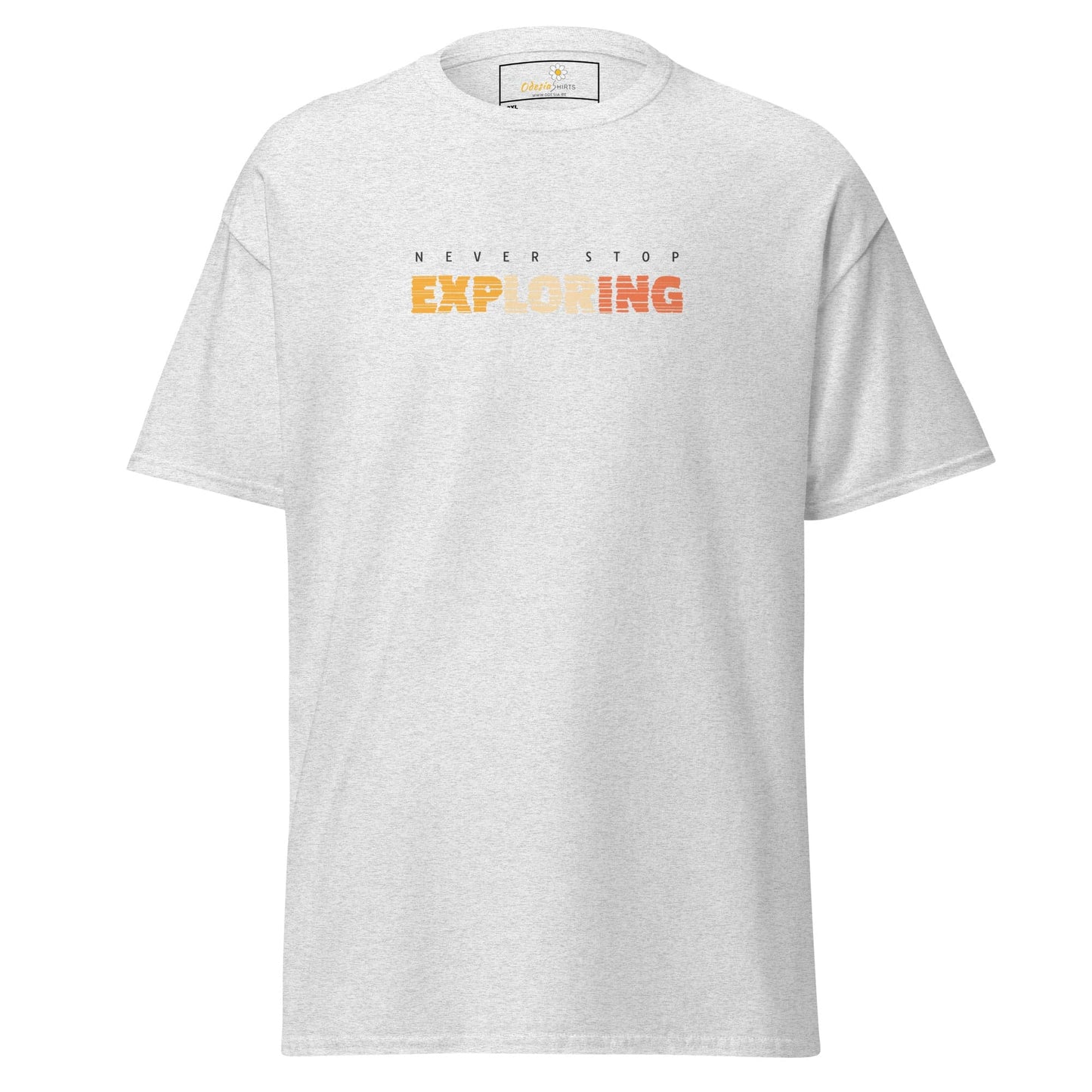 White T-shirt with Never Stop Exploring text, designed for Men and Women in 2XL-5XL