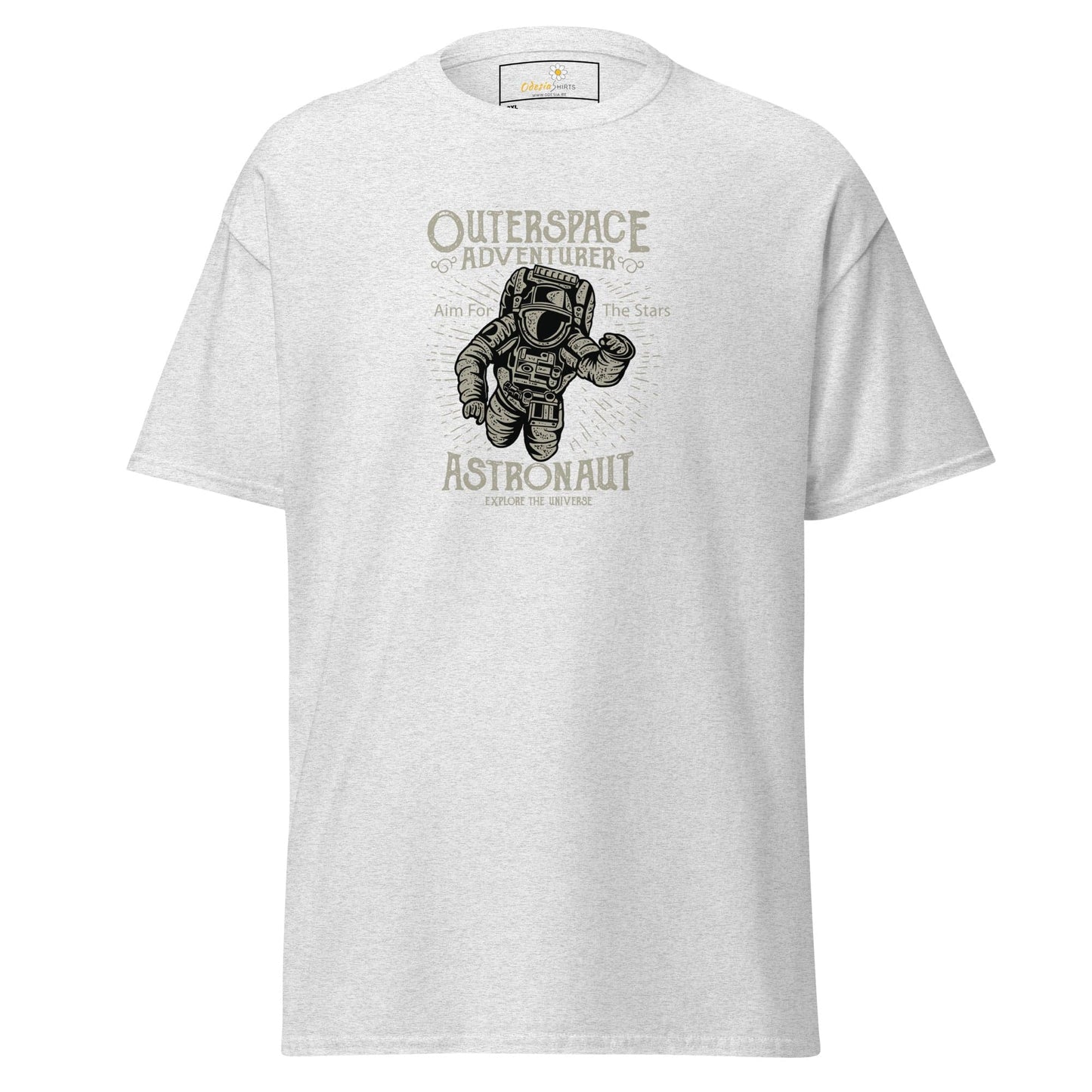 White t-shirt with astronaut graphic.